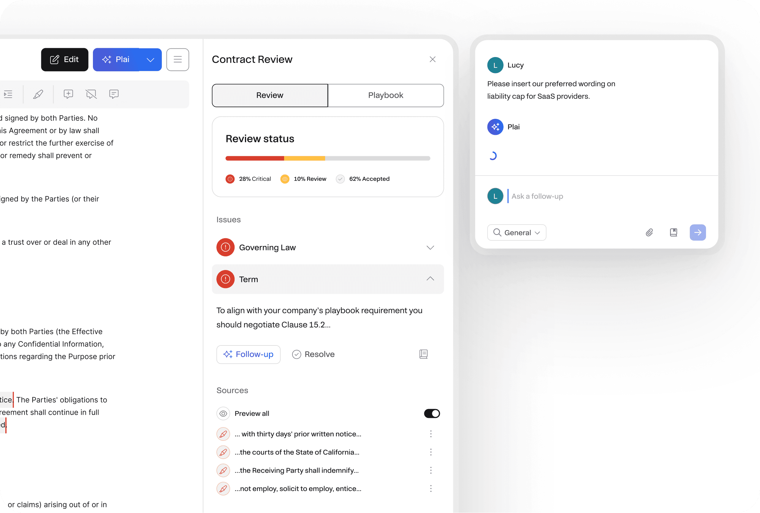 Screenshot of Miramis' AI-Powered Document Review software, displaying contract review status with critical and review issues highlighted, alongside a chat window for user assistance, demonstrating its impact on discovery workflows.