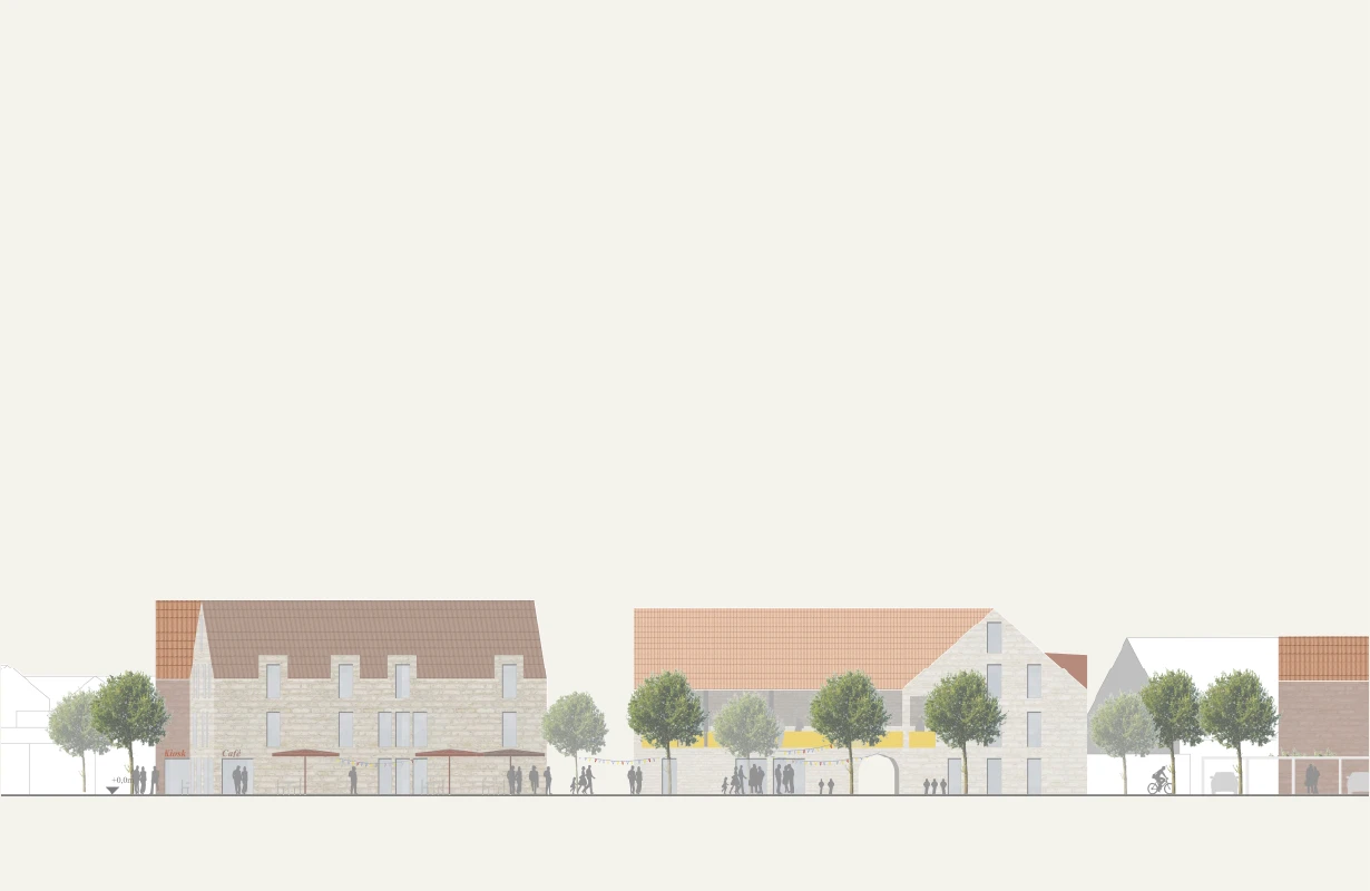 Isometrische Zeichnung eines Bauprojekts mit mehreren Gebäuden und markierten Strukturen in Rot