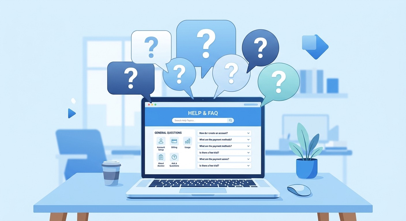 Illustration of question mark speech bubbles floating above a laptop showing a web application.