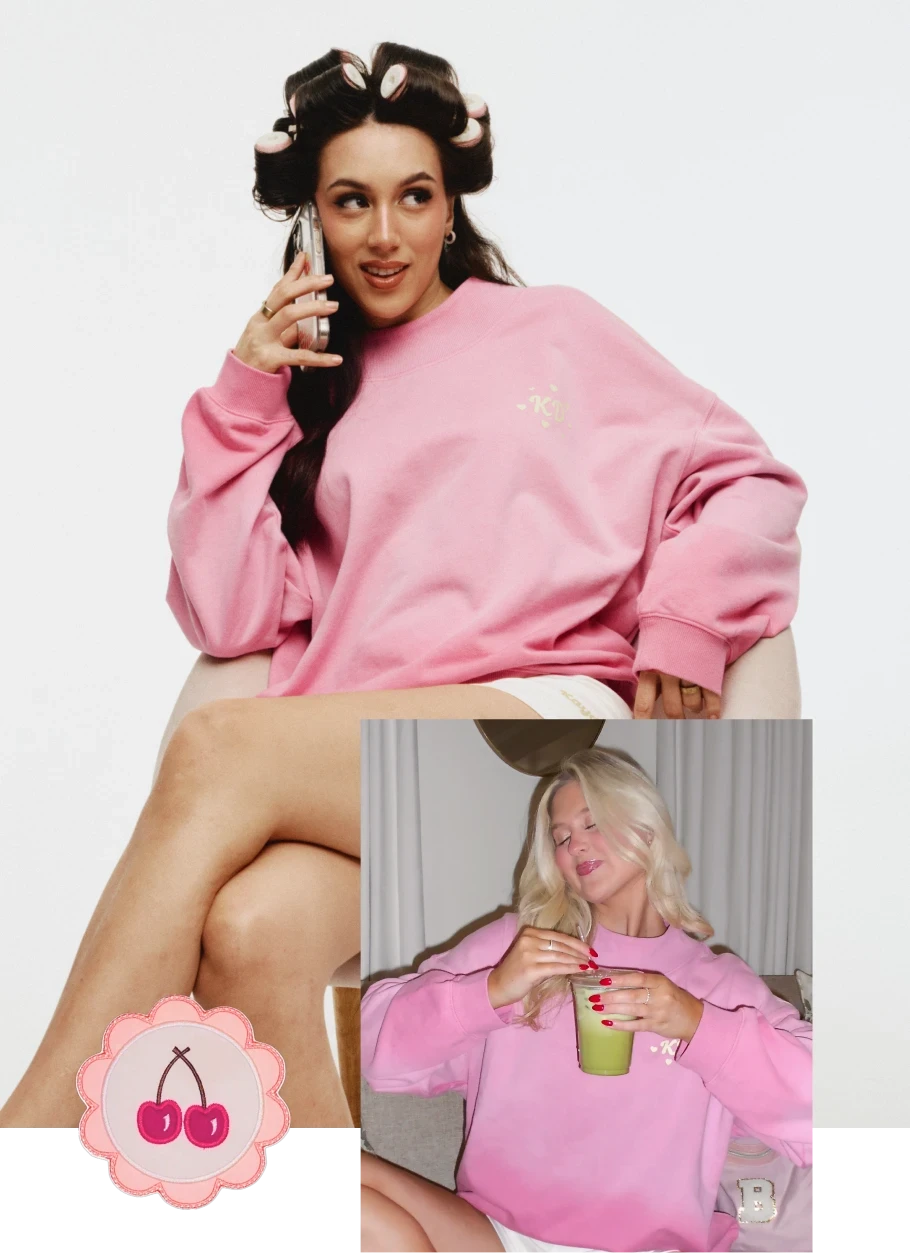 Collage: studio model in an oversized pink sweatshirt and white shorts, seated in a chair with hair rollers while talking on the phone; inset lifestyle photo of a person on a couch in the same pink sweatshirt holding an iced matcha drink.