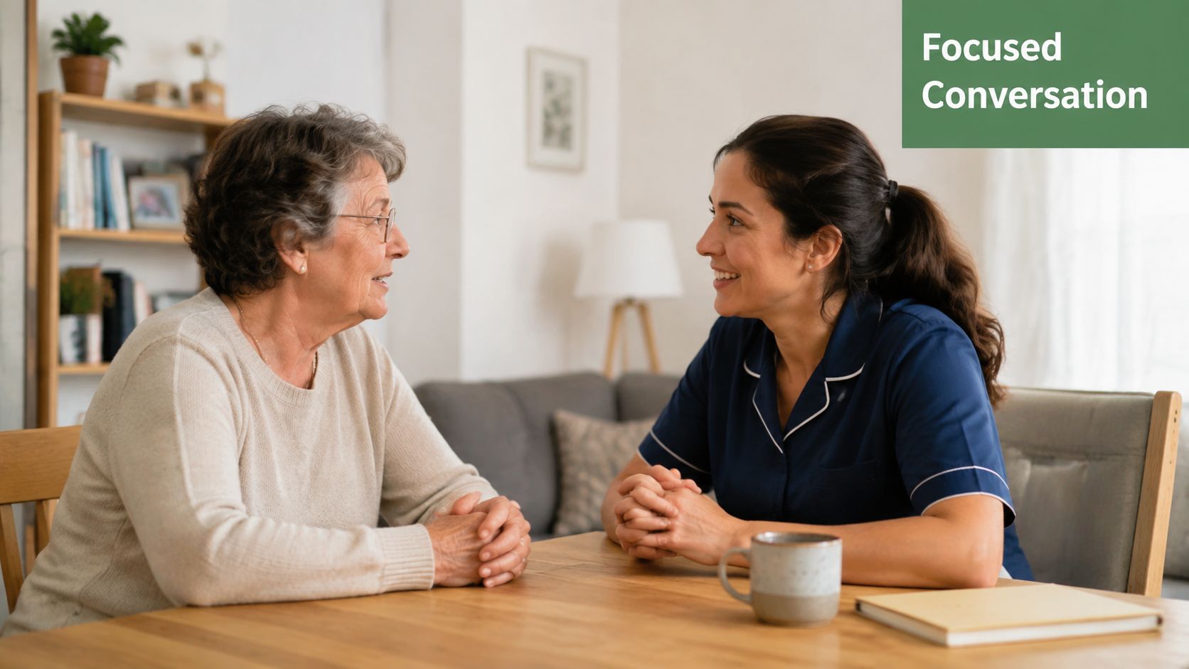 A caregiver having a friendly and focused conversation with an elderly woman at a wooden table.