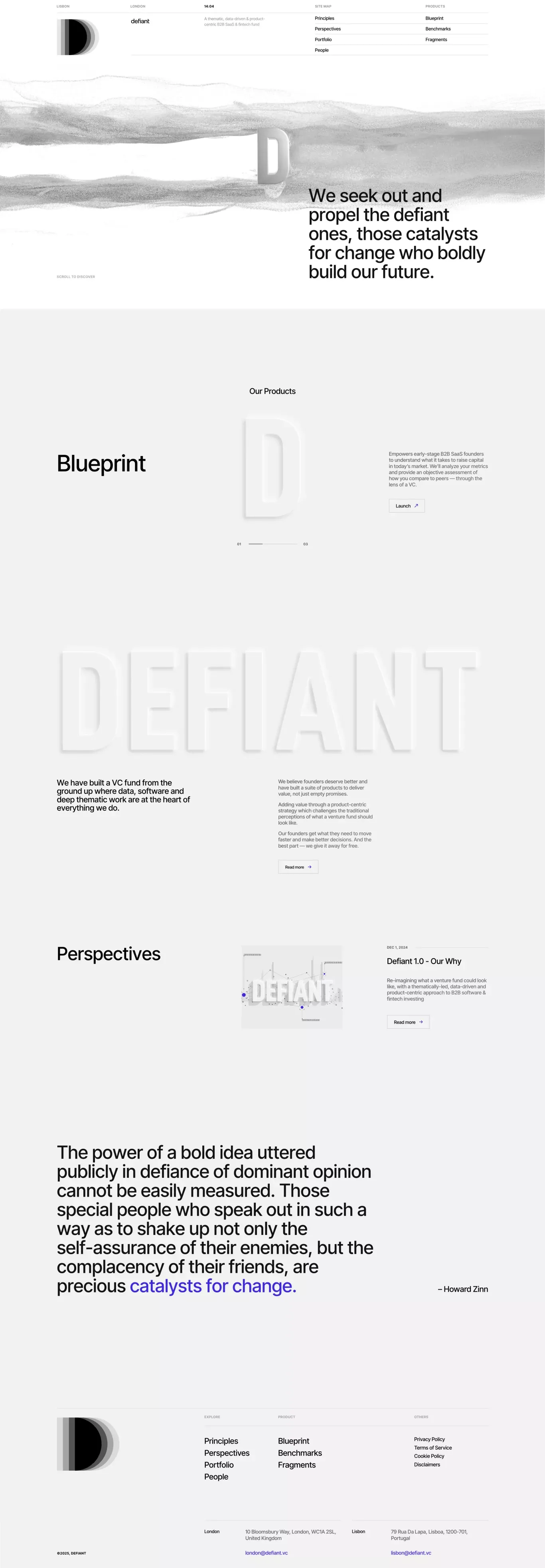 Defiant landing page screenshot showcasing Finance design