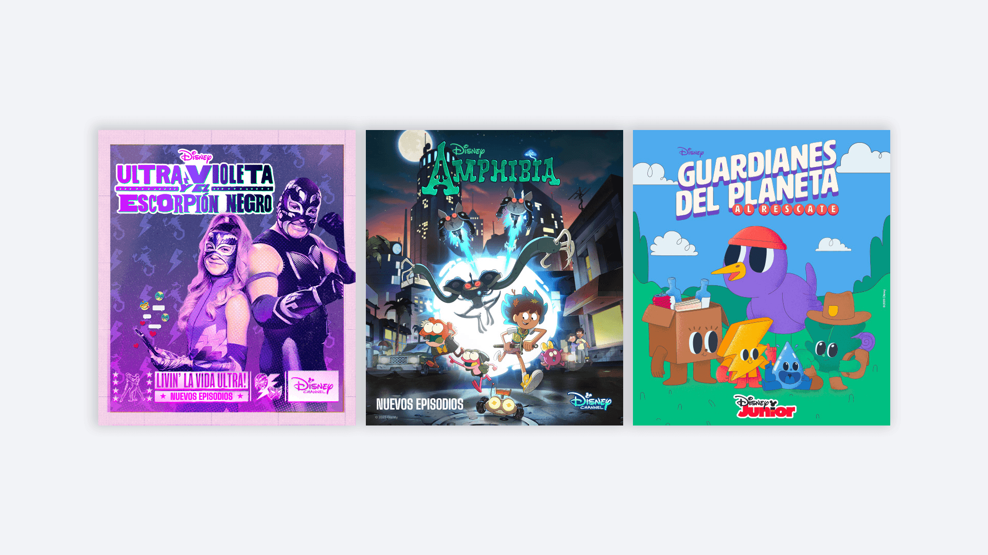 Tres pósteres animados con diseños creativos y fondos vibrantes que capturan la aventura y fantasía infantil.