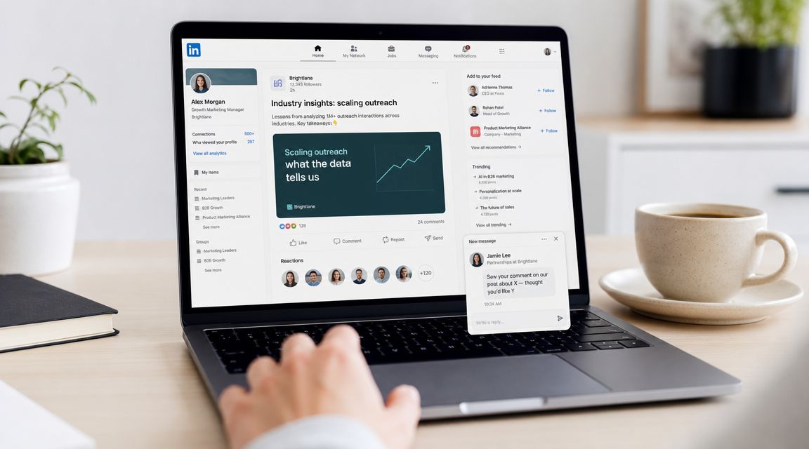 A professional laptop screen displaying a LinkedIn social media feed with analytics and business messaging features.