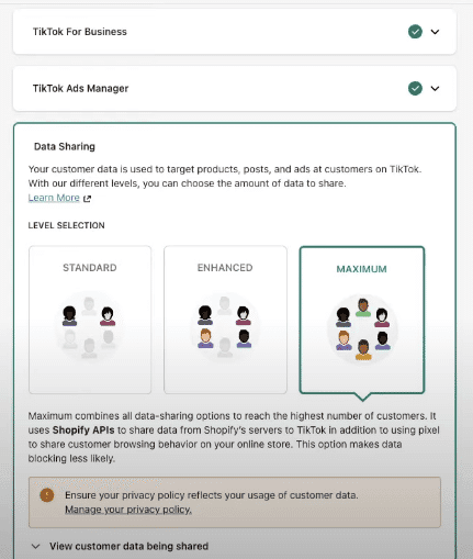 TikTok data sharing settings in Shopify with Standard, Enhanced and Maximum levels