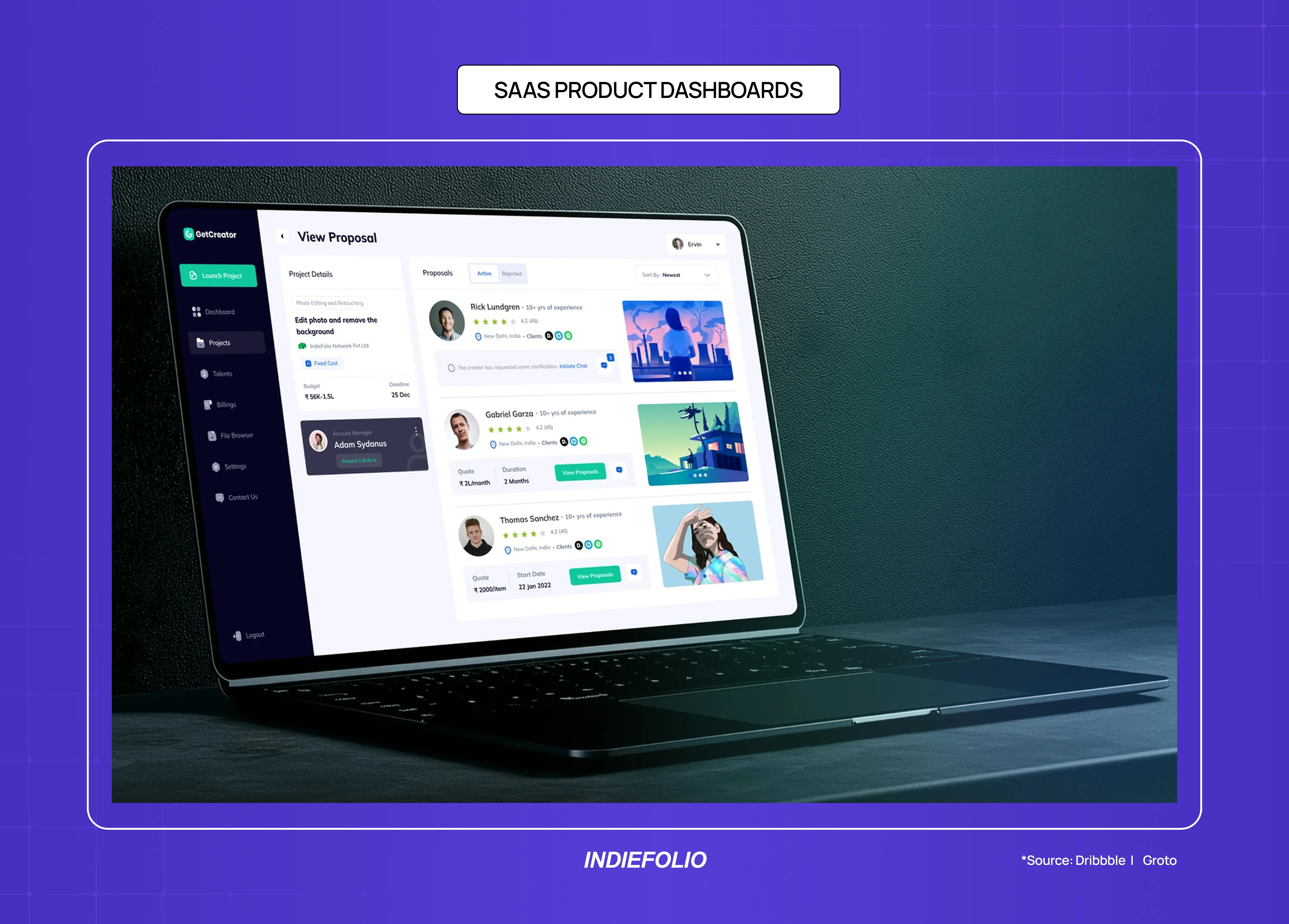 IndieFolio SaaS dashboard interface featuring proposal management, side navigation, and collaborative workflow components.