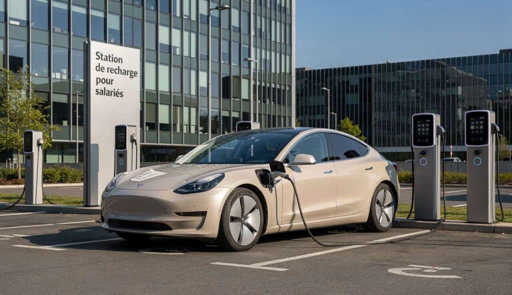 Station de recharge pour salariés sur parking d'entreprise avec véhicule électrique branché