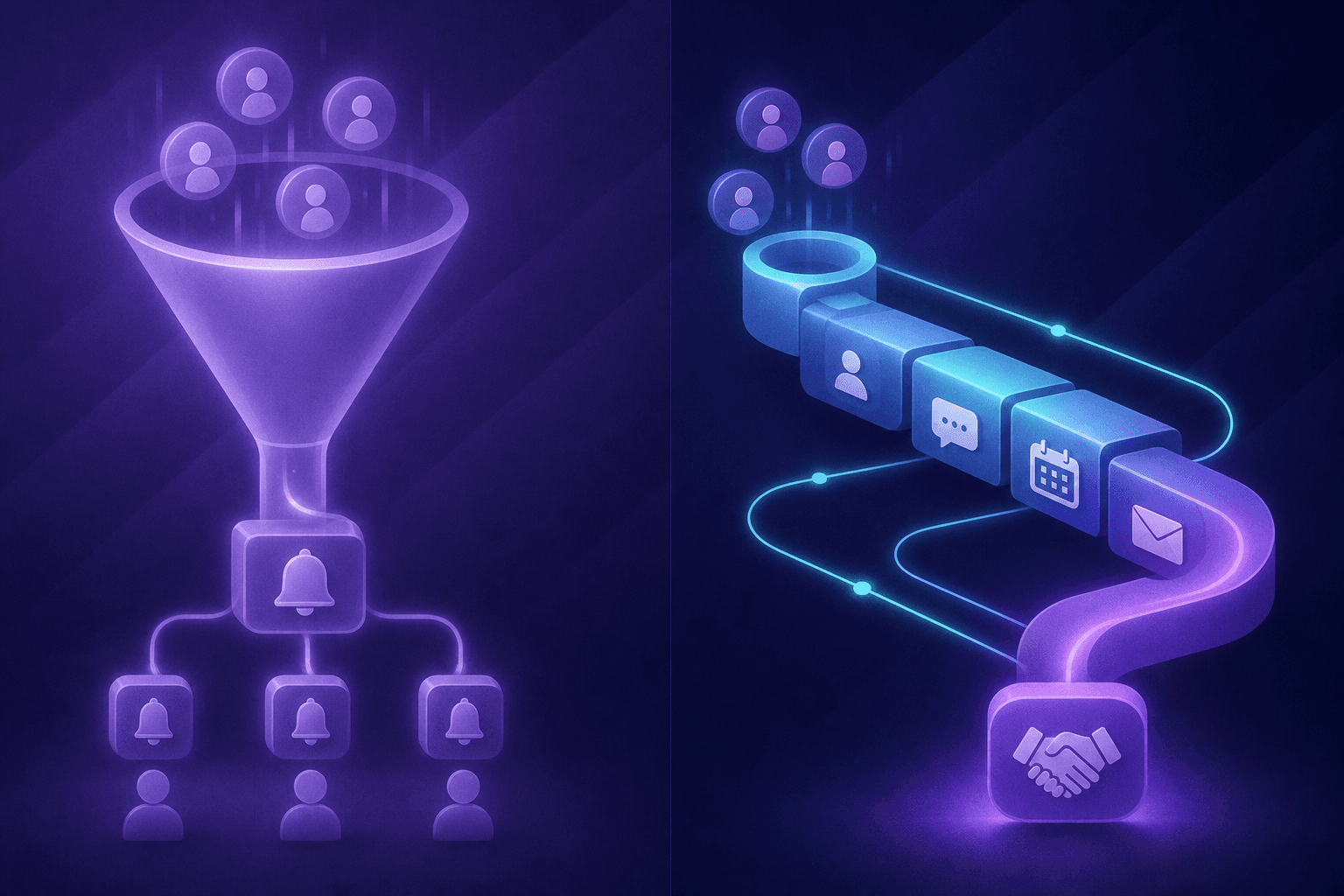 A split-screen illustration showing two contrasting sales workflow pipelines. On the left side, a glowing funnel with website visitor icons flowing into signal alerts and notification bells, representing human reps receiving data handoffs. On the right side, a sleek autonomous AI pipeline where visitor icons flow through qualification stages, conversation bubbles, calendar booking icons, and email follow-up symbols in a seamless automated loop — all without human intervention until a handshake icon at the end. Modern flat design with blues, purples, and teals on a dark background, clean geometric shapes, no text or labels.