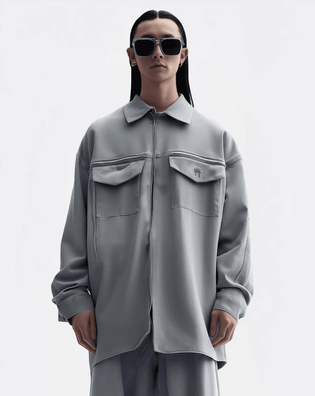 Woman having dark glasses in grey dress