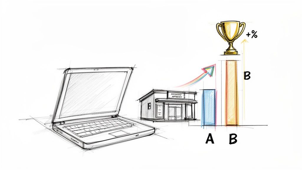 Sketch of a laptop, store, and an A/B test bar chart showing option B's growth and success.