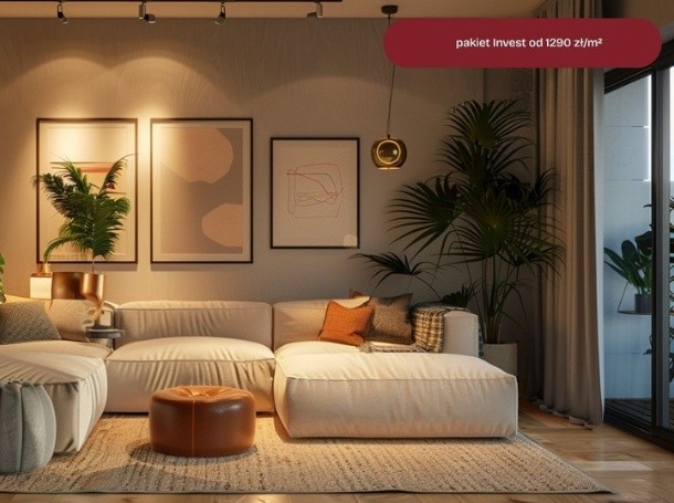 Salon z jasną narożną sofą, ozdobnymi obrazami na ścianie i dużymi roślinami