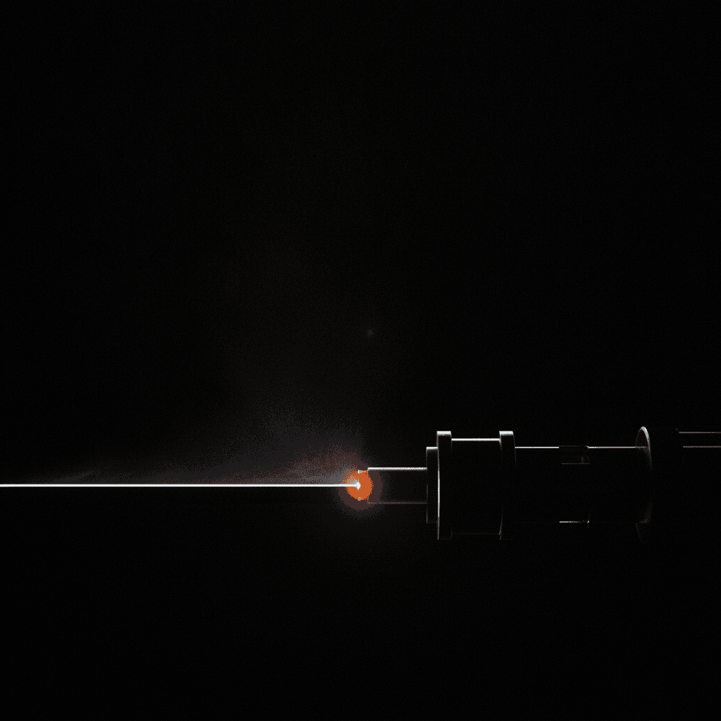 Single thin orange line bisecting deep black void, broken at center with rich shadow