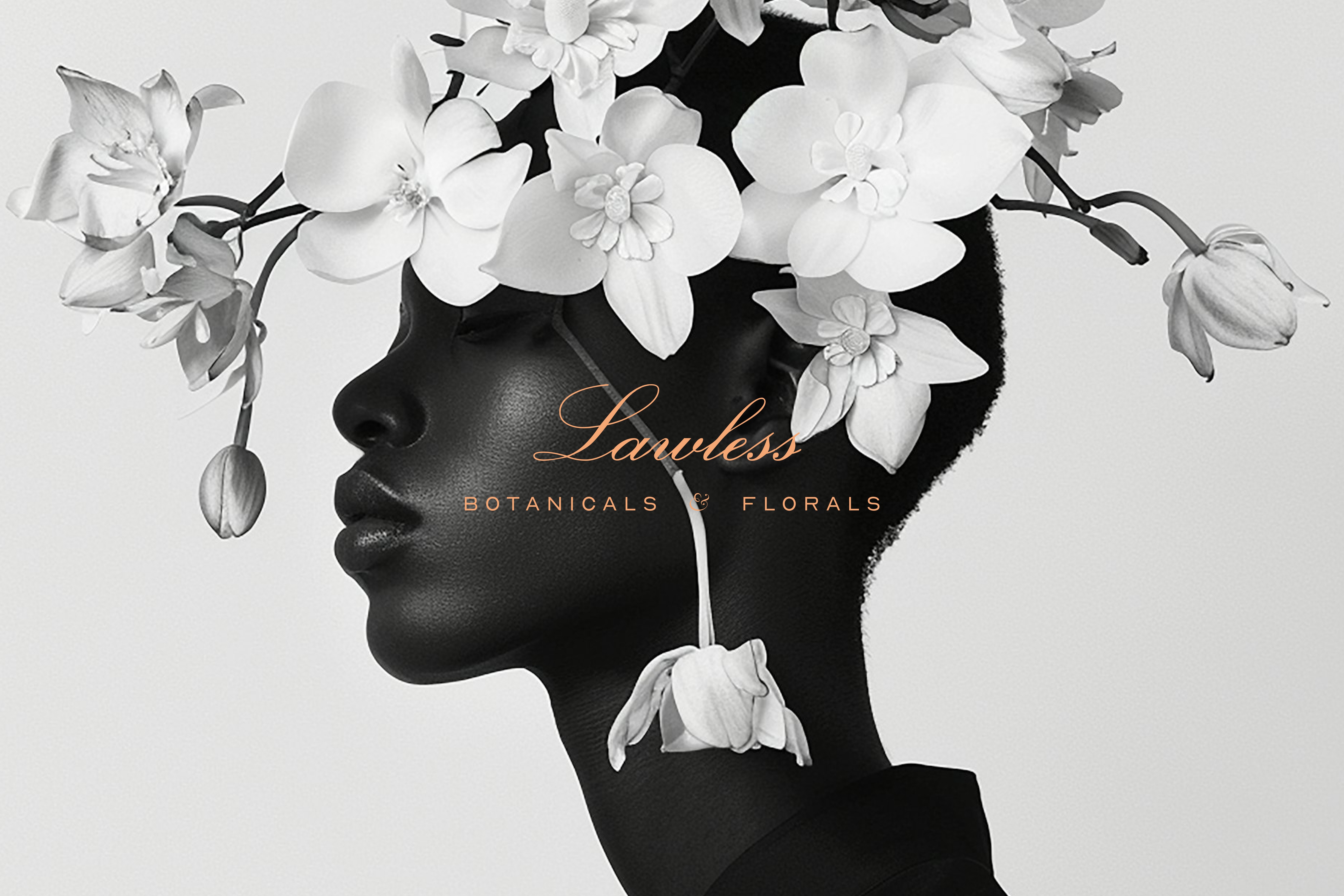 A striking monochrome portrait with floral headwear, embodying the artistic and luxurious identity of Lawless Botanicals & Florals.