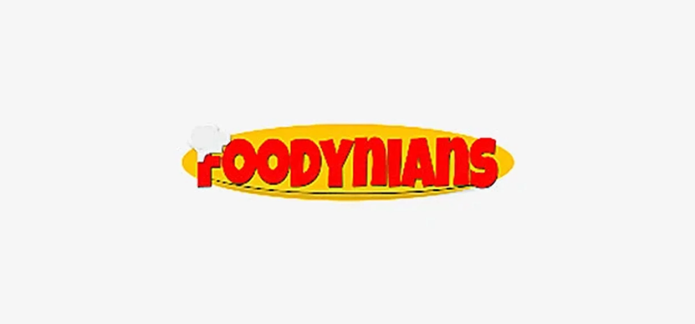 Colorful cartoon-style “FOODYNIANS” logo in bold red and yellow lettering, centered on a white background, creating a playful, cheerful tone.