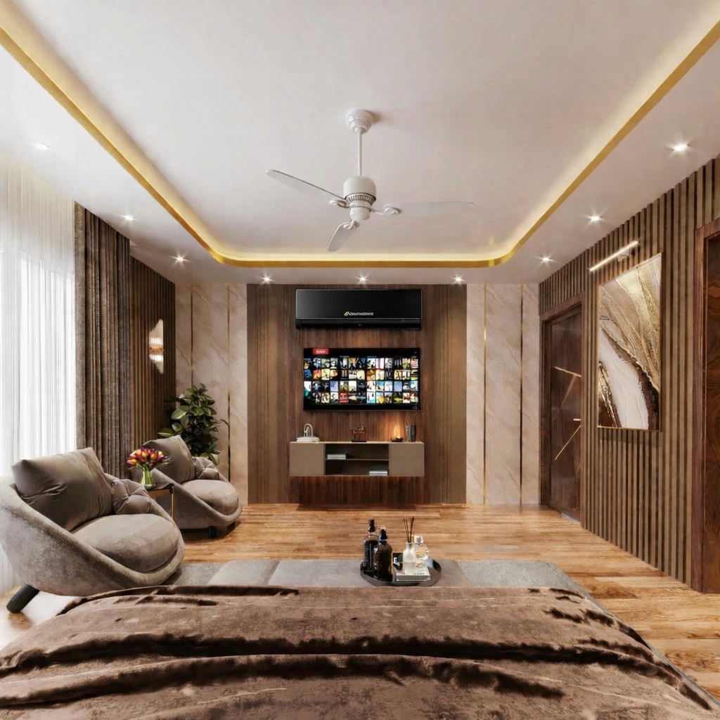 Exklusives Wohnzimmer-Design mit einer eleganten, schwarzen Klimaanlage, die perfekt in eine moderne Holz-Akustikwand über dem TV integriert ist. Stilvolle indirekte Deckenbeleuchtung schafft ein luxuriöses Ambiente mit optimaler Klimatisierung.