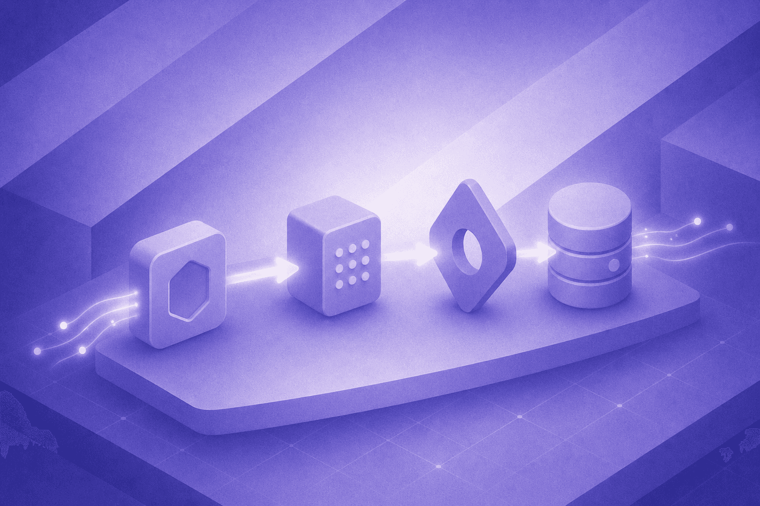 A clean isometric illustration of a multi-step data pipeline workflow: a series of connected nodes flowing left to right, representing a webhook receiver, an enrichment API block, a filter gate, and a CRM database, each connected by glowing arrows showing data moving through the chain, modern flat design with soft blue and purple tones, no text or labels