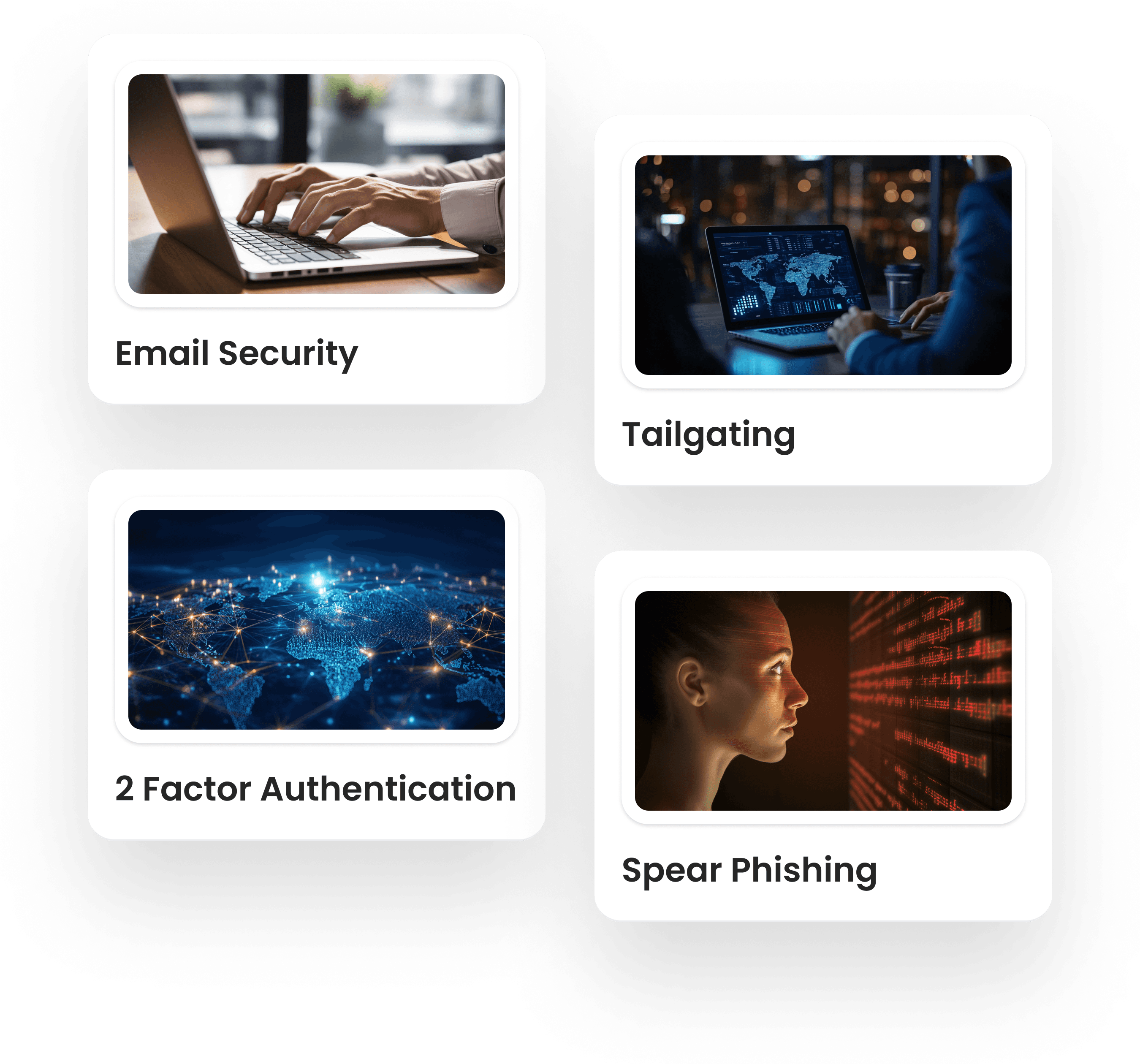 Images of elvolving cyber threats like email security, tailgating, 2FA, spear phishing