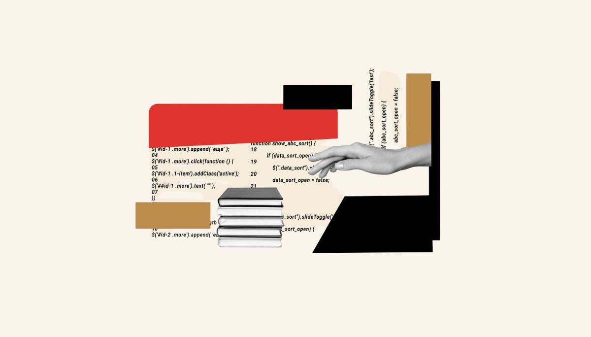 Collage-style illustration of a hand reaching toward a stack of books with code snippets in the background, symbolizing learning and programming education.