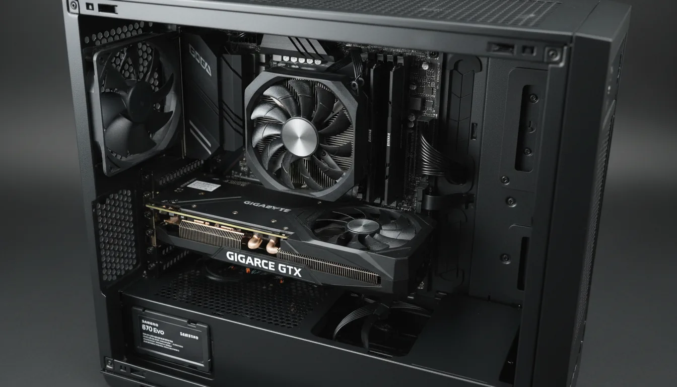 DSLR photography of the interior of an open black desktop PC case, captured with soft studio lighting. The shot is a high-angle close-up focusing on the components. A large black Gigabyte GeForce GTX graphics card is centrally installed on the motherboard, showing its angular design. Below it, a stock AMD CPU cooler is visible. To the left, a black Samsung SSD is clearly seen. The image highlights the matte textures of the black metal and plastic components, with a sharp focus on the GPU and cooler, creating a shallow depth of field.