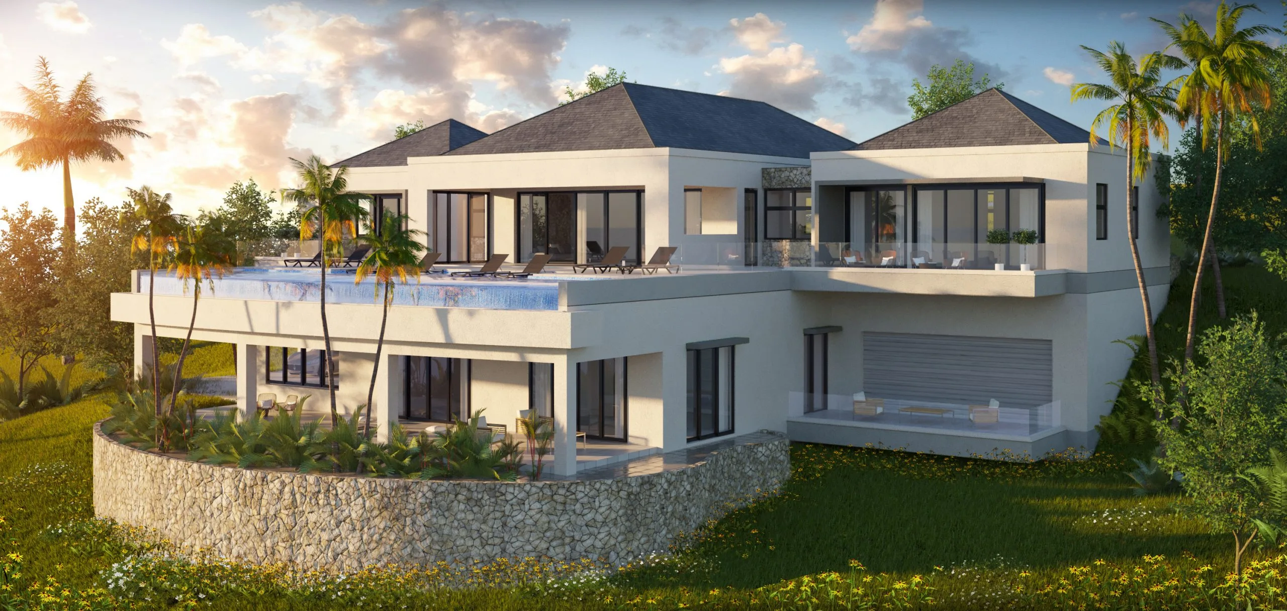3D rendering of hillside residential villa with rooftop infinity pool and sea views in St. Lucia