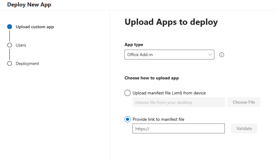 Office Add-in kiezen als app type en koppeling naar manifestbestand invullen