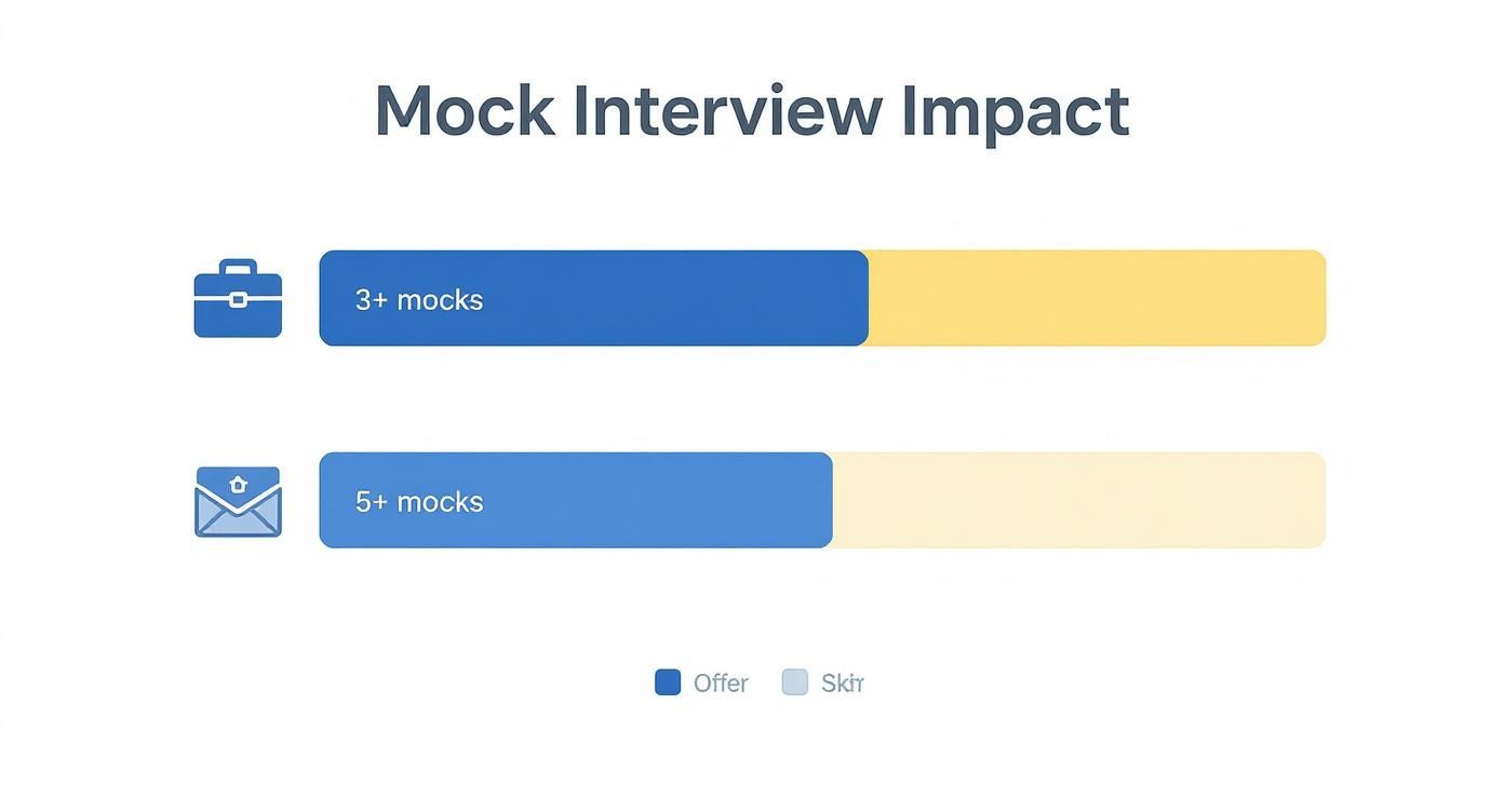 Bar chart showing offer rates increase with more mock interviews: 5+ mocks yield higher offers.