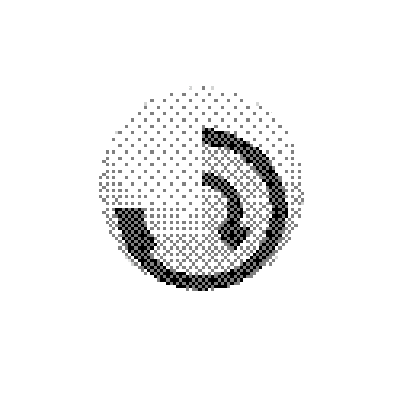 Pixelated black-and-white circular graphic with semi-circular arcs and abstract patterns.