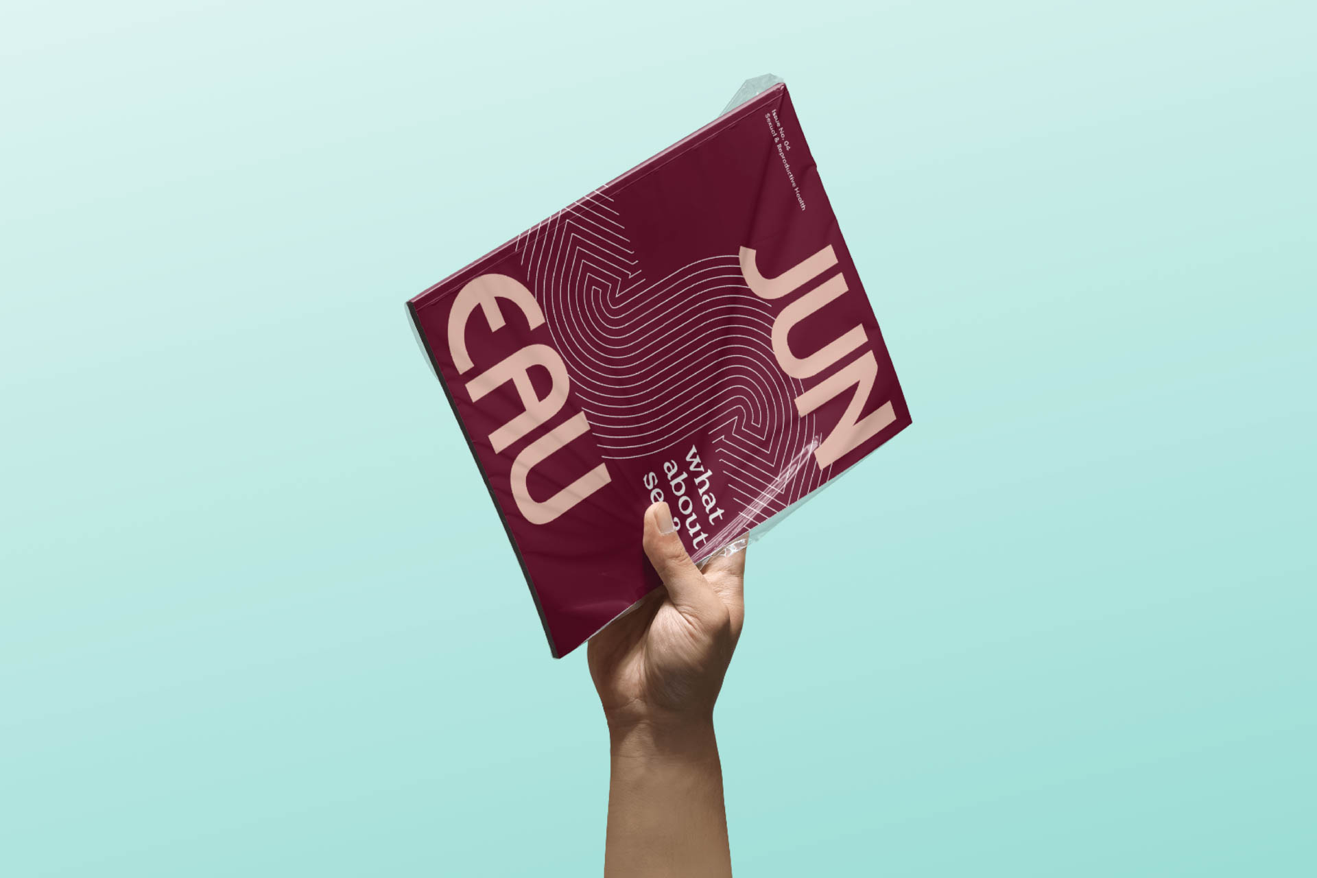 A hand holds a dark red book with the word "JUN" prominently displayed in light pink letters. Below the word, smaller white text reads "what about se...". The background is a light teal gradient.