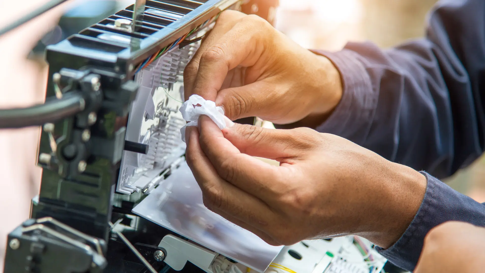 Apprenti Technicien fibre optique en exercice lors de son stage pratique