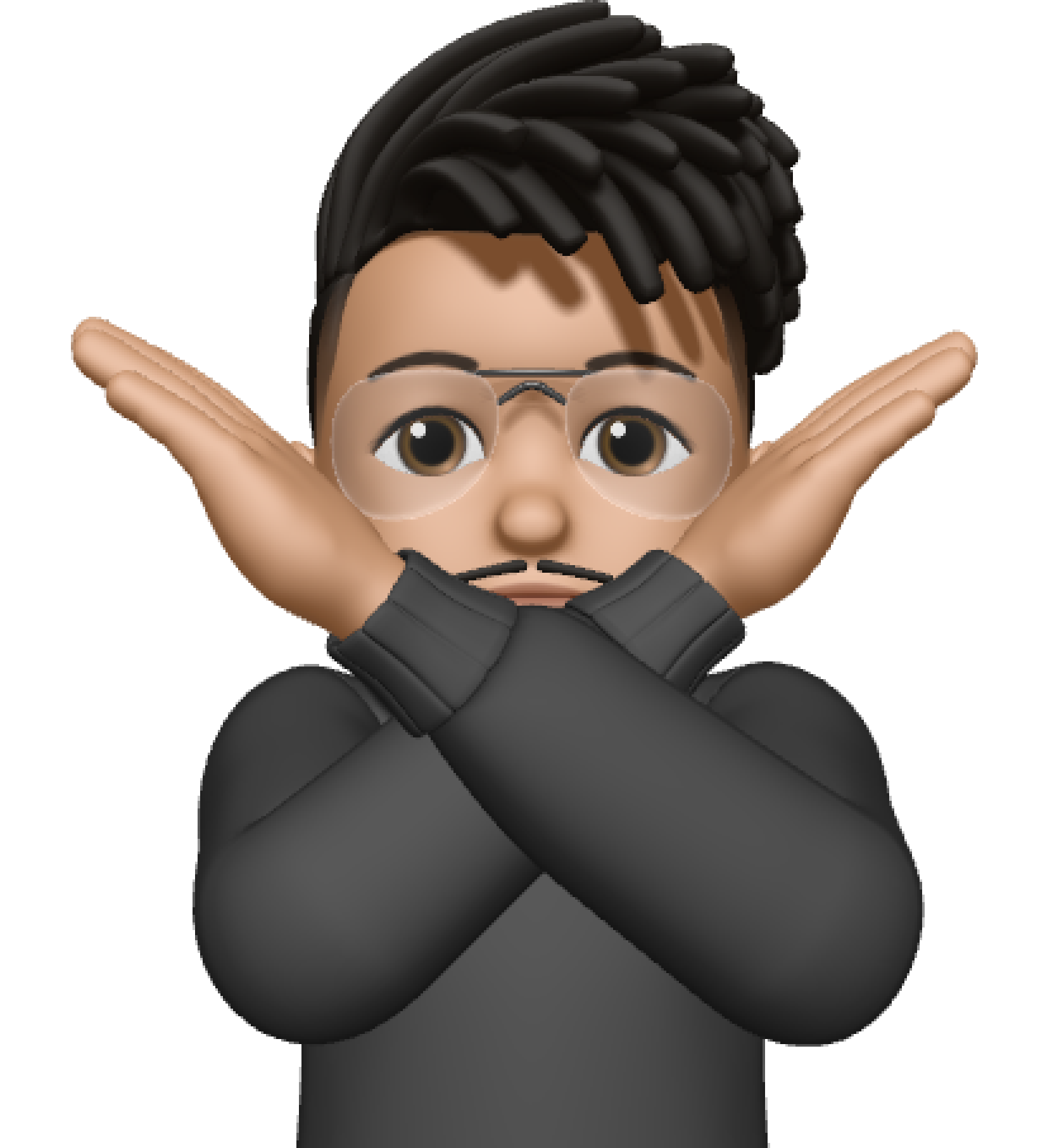 A 3D animated character with glasses and black hair crossed their arms in front of their face, creating an "X" gesture, while wearing a black sweater.