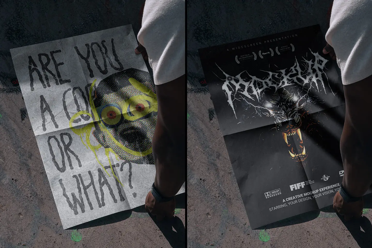 Outdoor A2 Poster Mockup showcasing illustrative street art and heavy metal style posters on a gritty urban surface