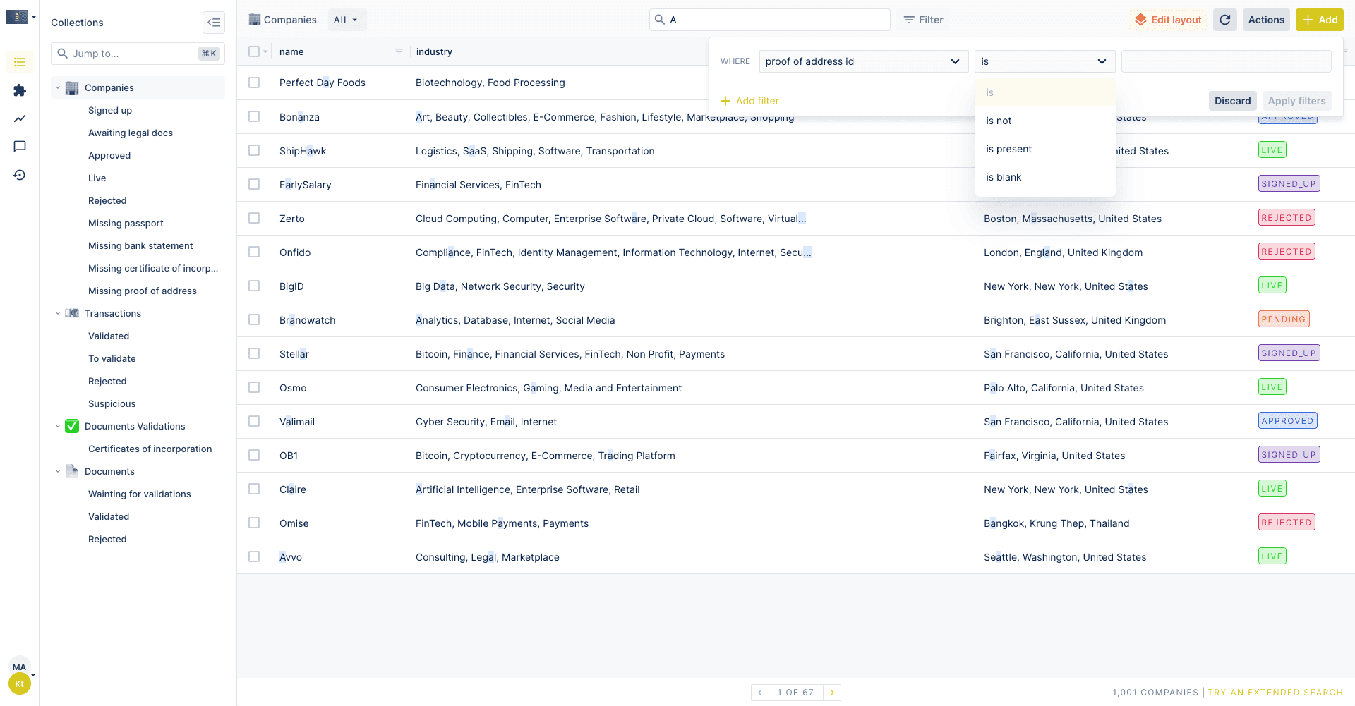 The Forest Admin interface showing a collection being filtered.