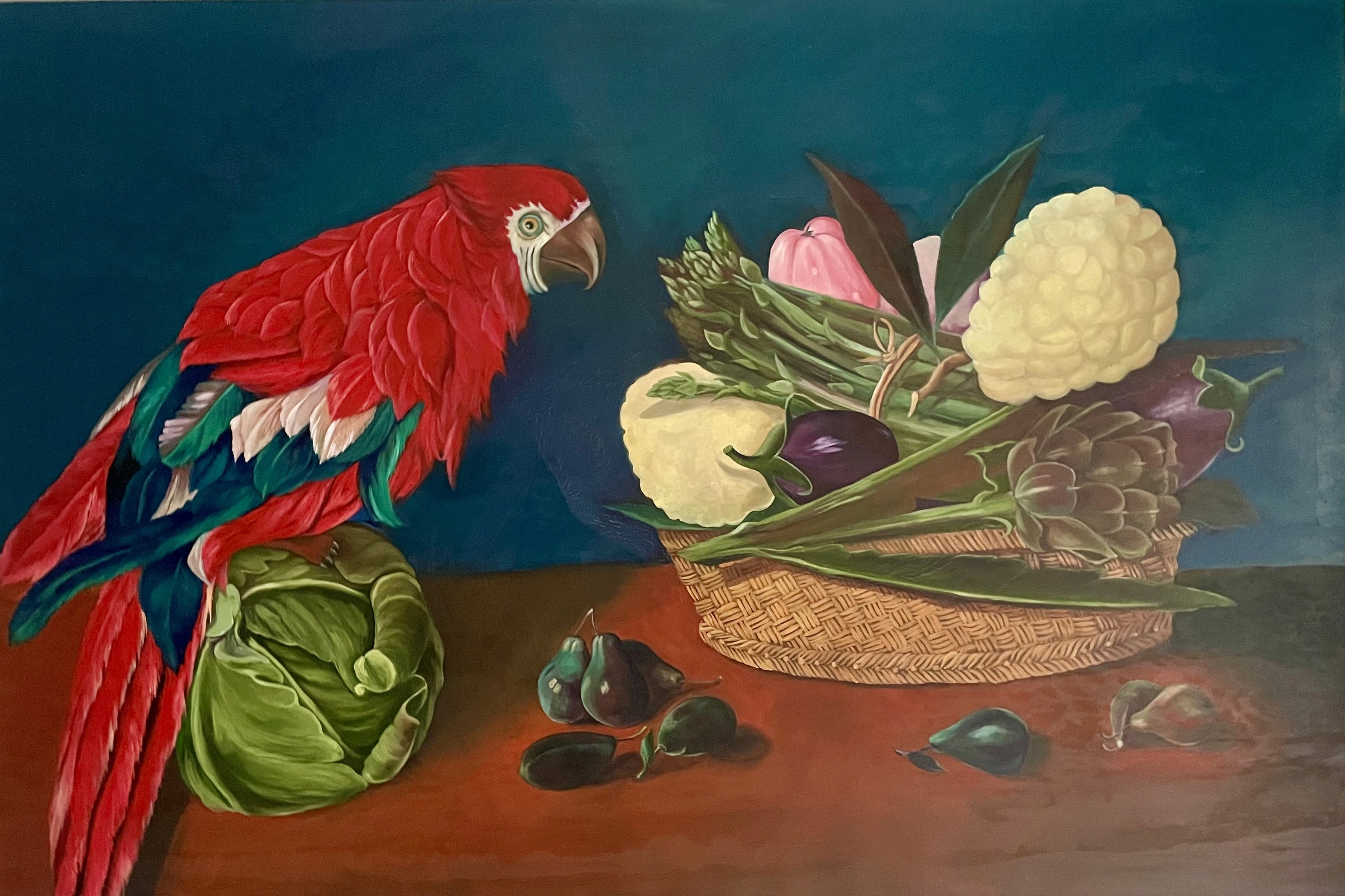 oil painting of a basket of vegetables, some pears, and a large red parrot standing on a cabbage