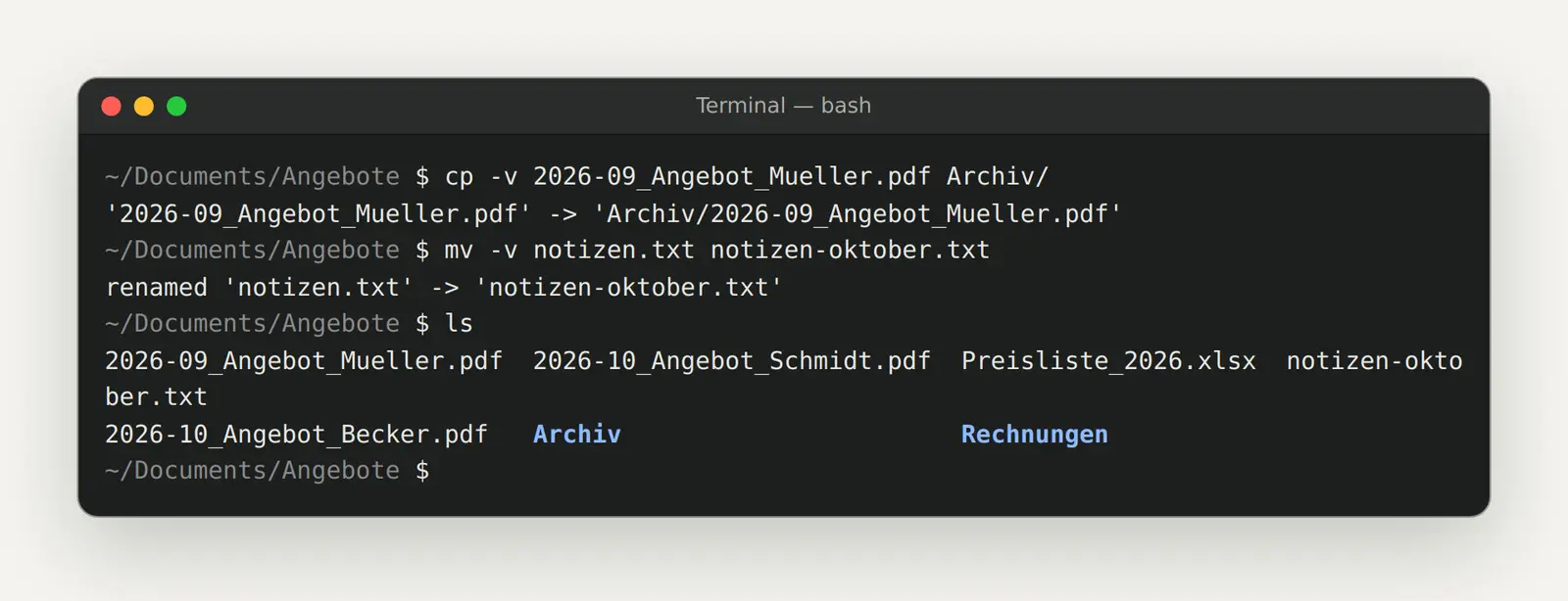 Ordner anlegen, Datei kopieren und umbenennen im Terminal mit mkdir, cp und mv