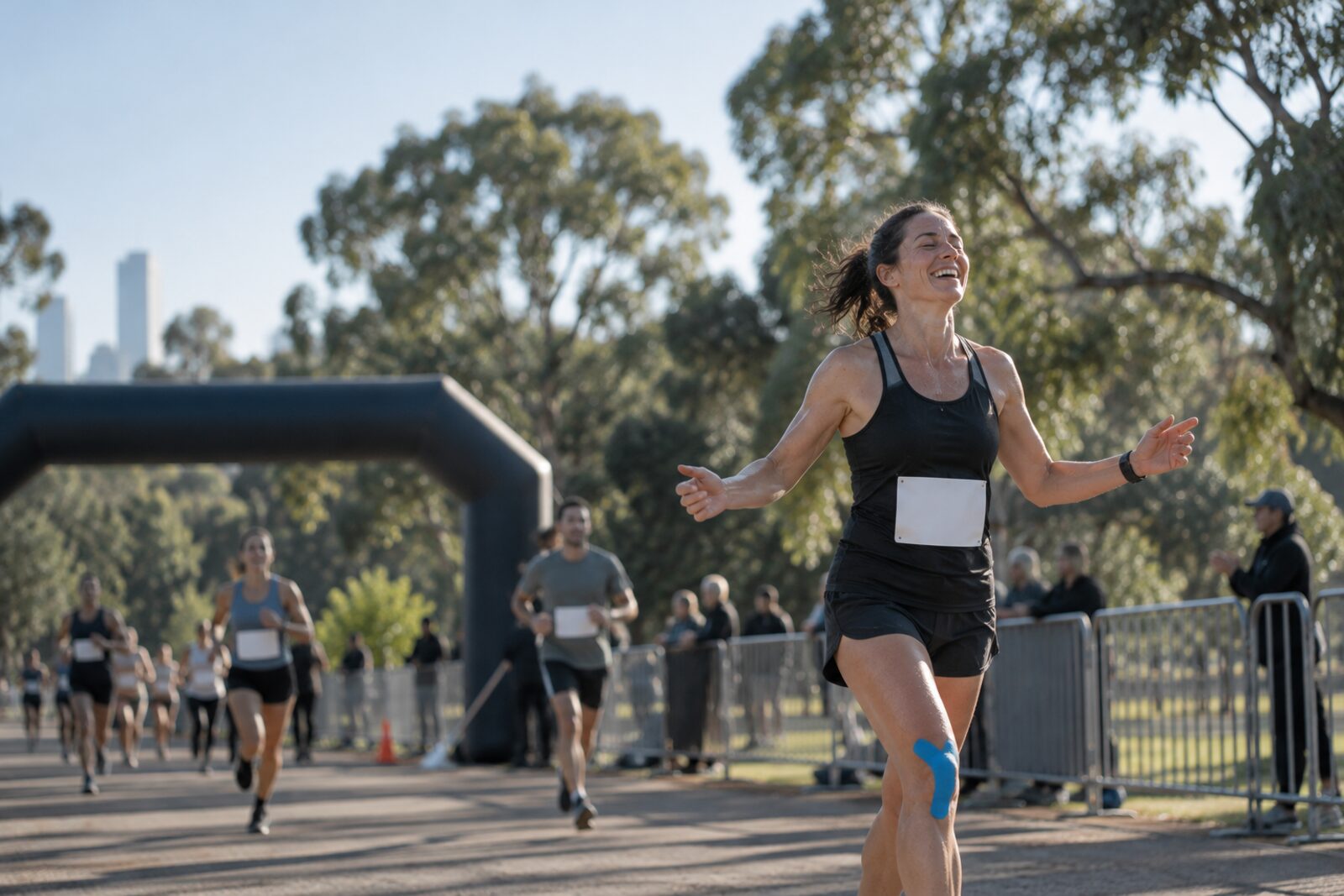A runner crossing the finish line of a community 10 km, a small strip of blue tape still on her knee