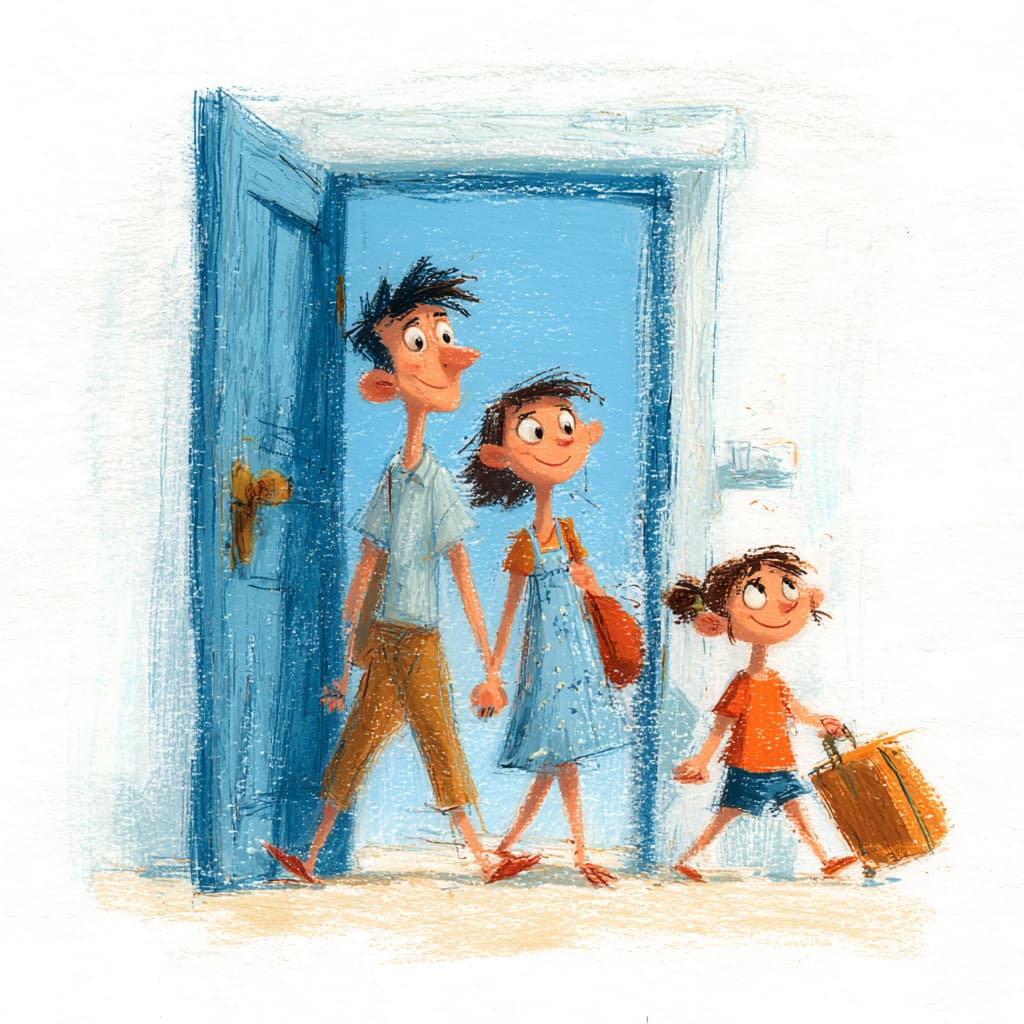 Illustration einer Familie, die lächelnd durch eine offene Tür tritt – locker, unbeschwert, ohne Gepäck oder Erwartungen.