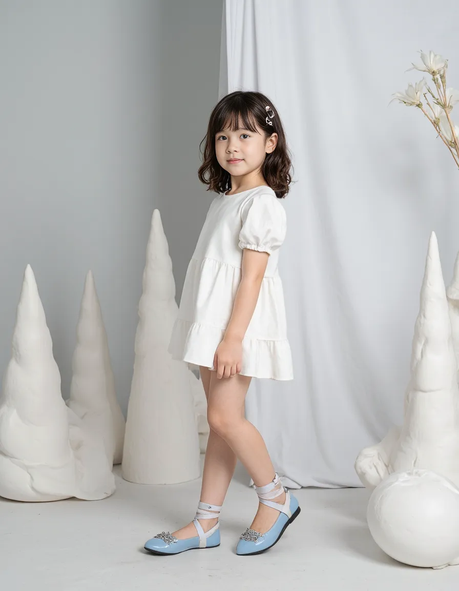 Minimalist children's fashion photography featuring white dress and blue ballet flats against sculptural white cone props in dreamy setting