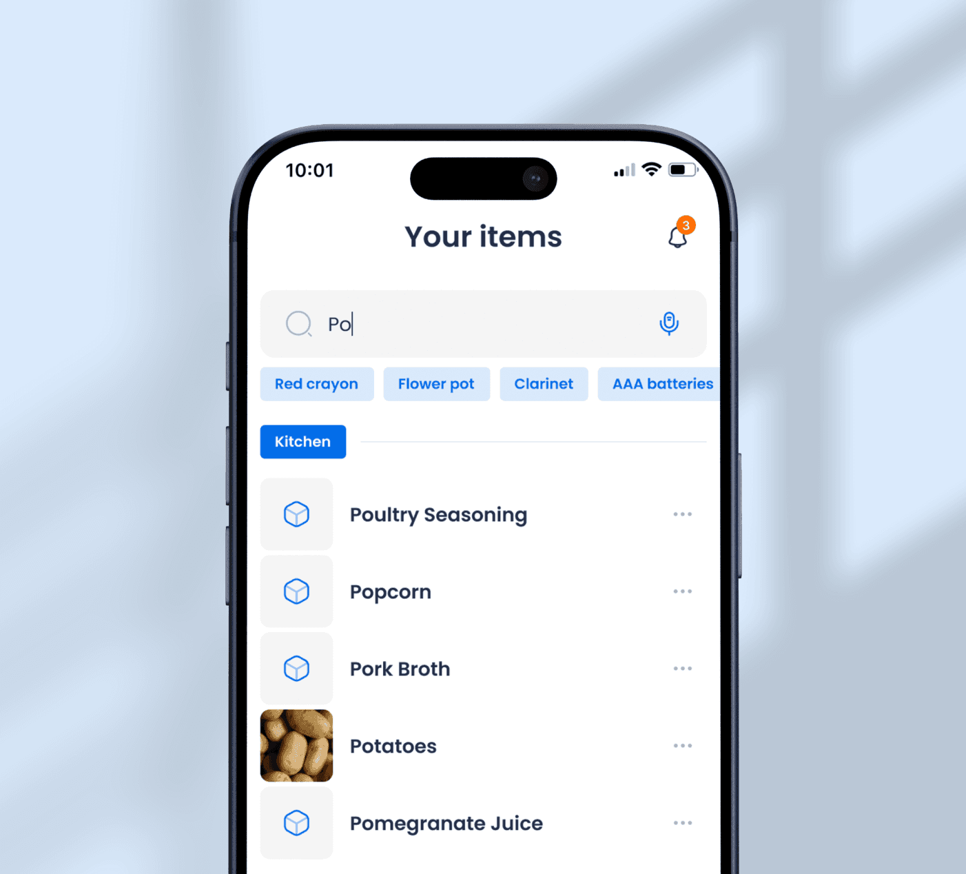 Roomvio app showing a searchable list of household items organized by room category