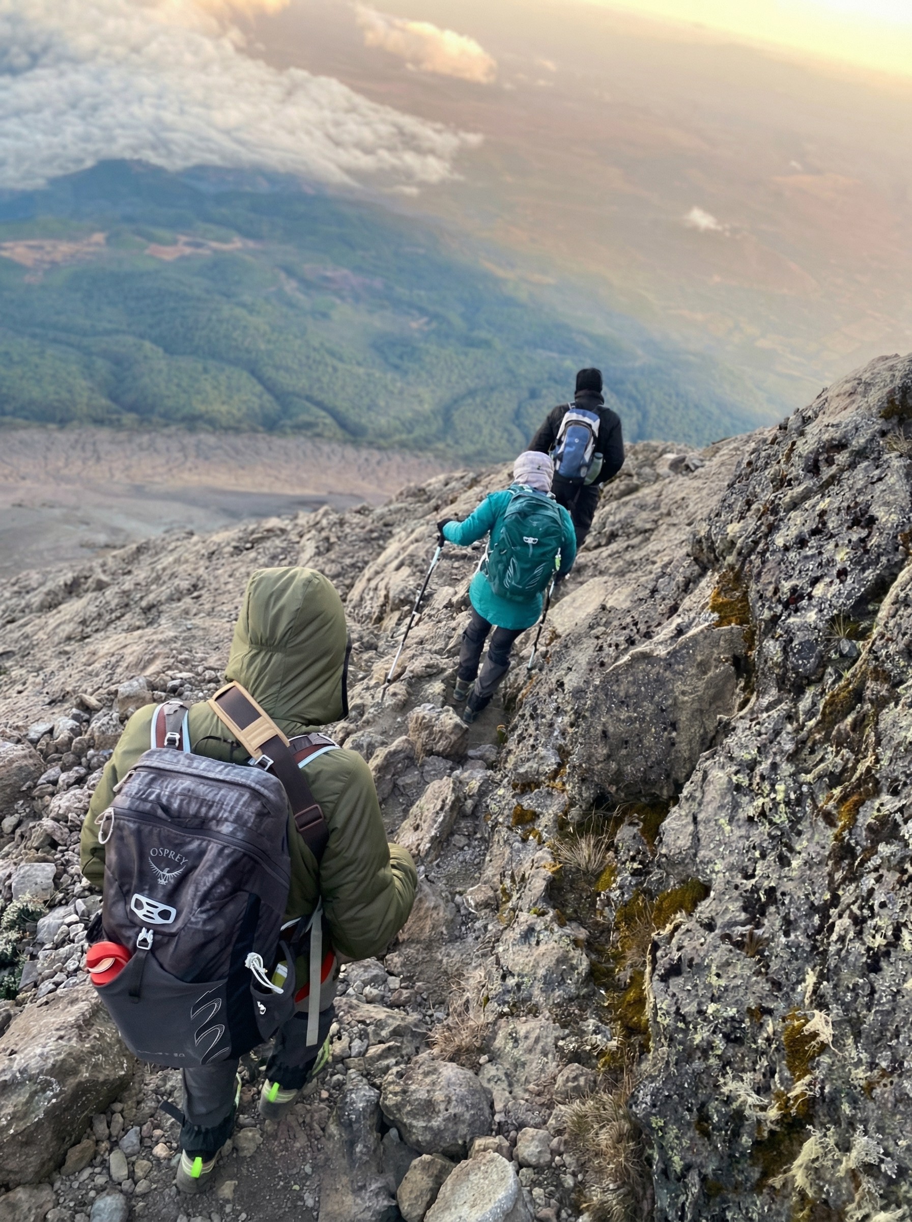 Trekkers on the side of a mountain.
