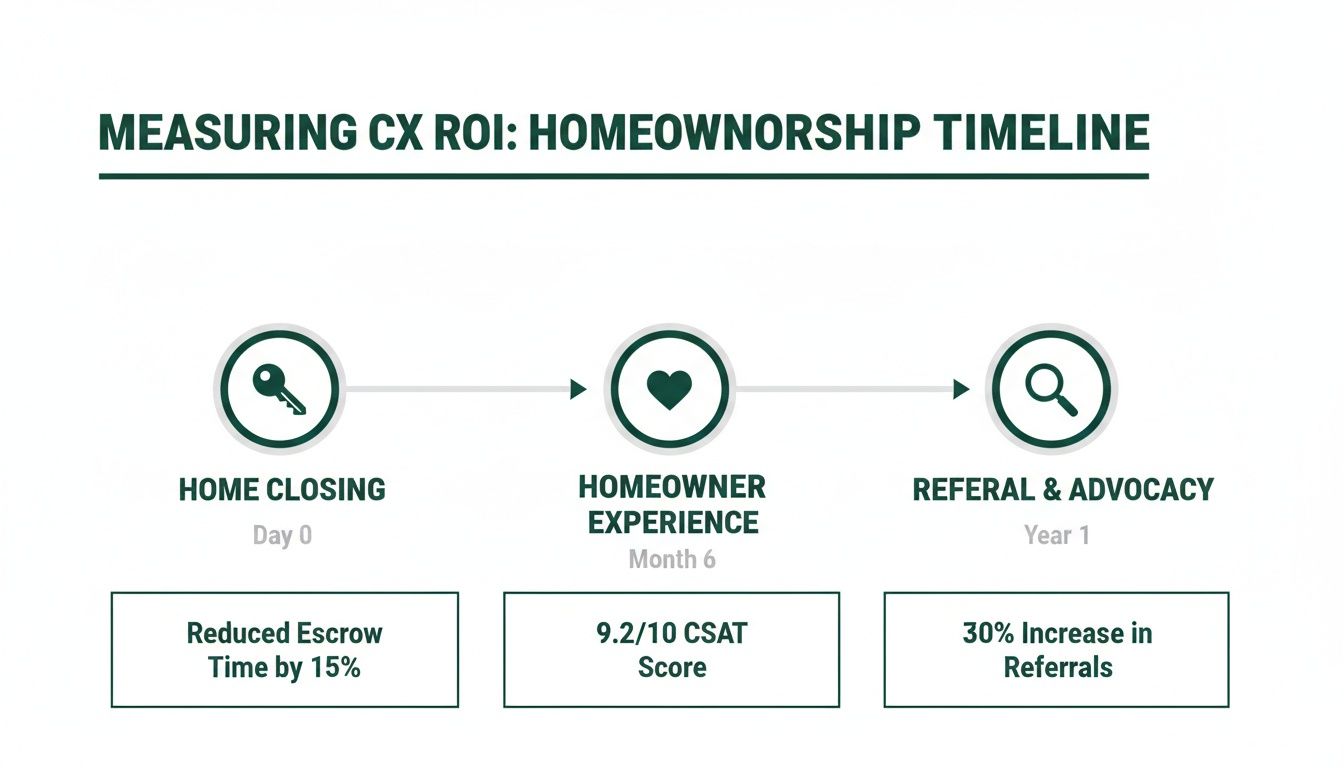 Homeownership timeline illustrating customer experience ROI through closing, experience, and referral stages with key performance indicators.