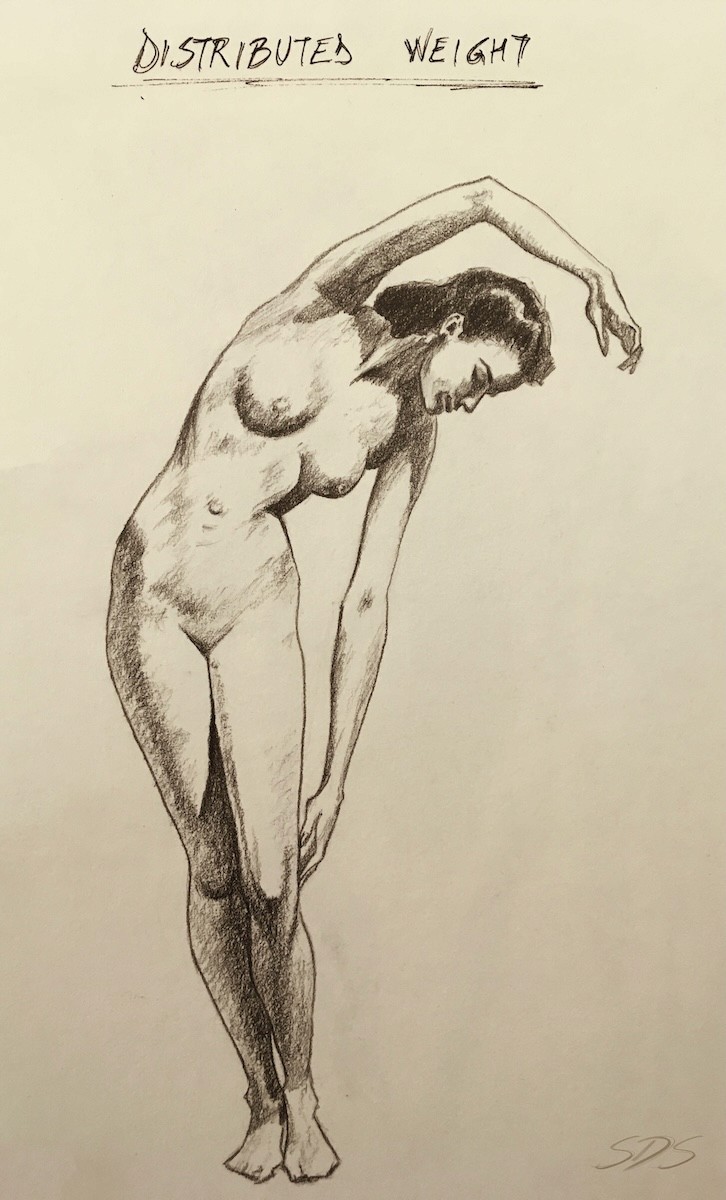Drawing of a woman in a distributed weight pose, by Simone De Salvatore