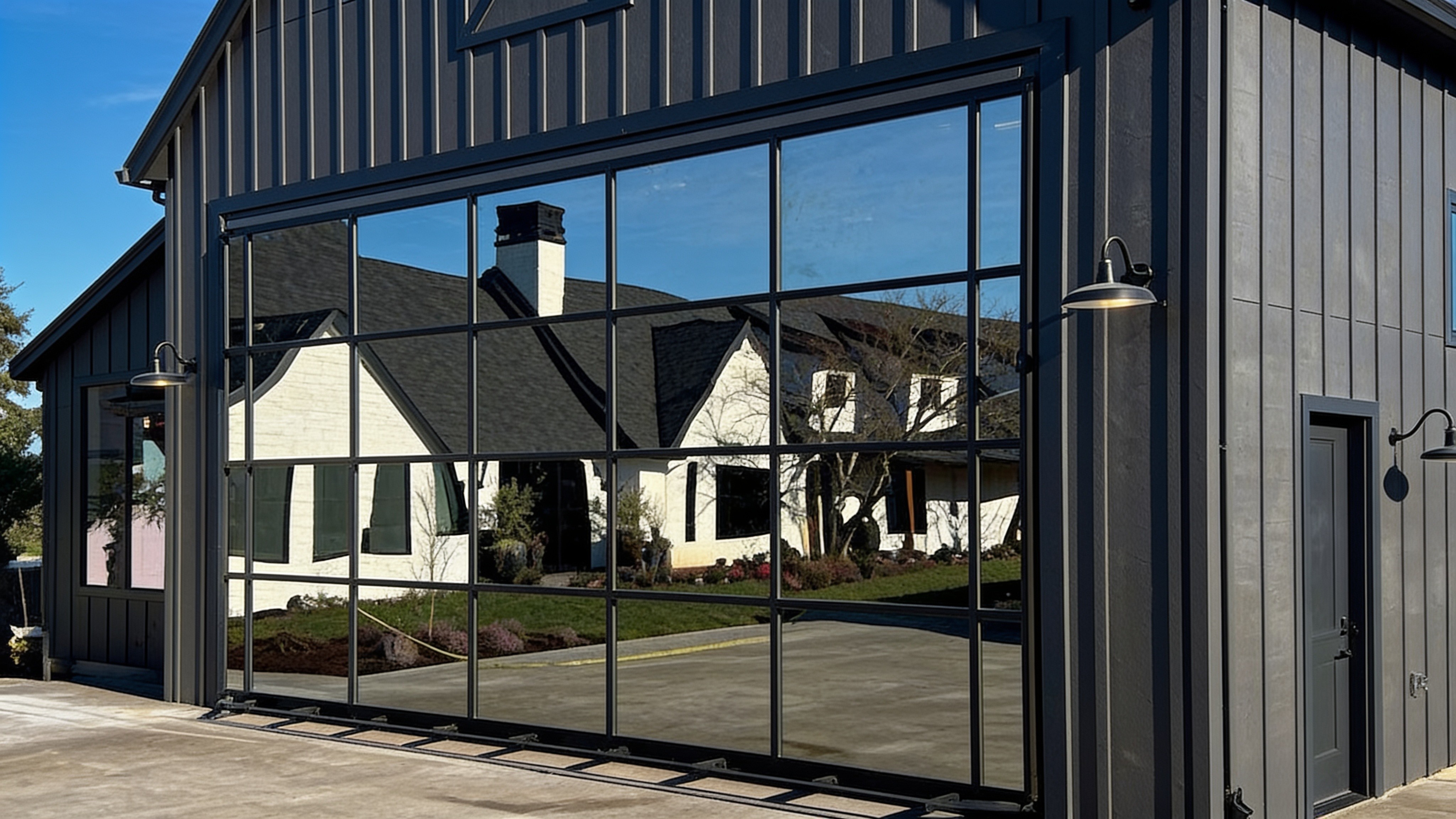 Architectural glass hydraulic door opening a home to the outdoors