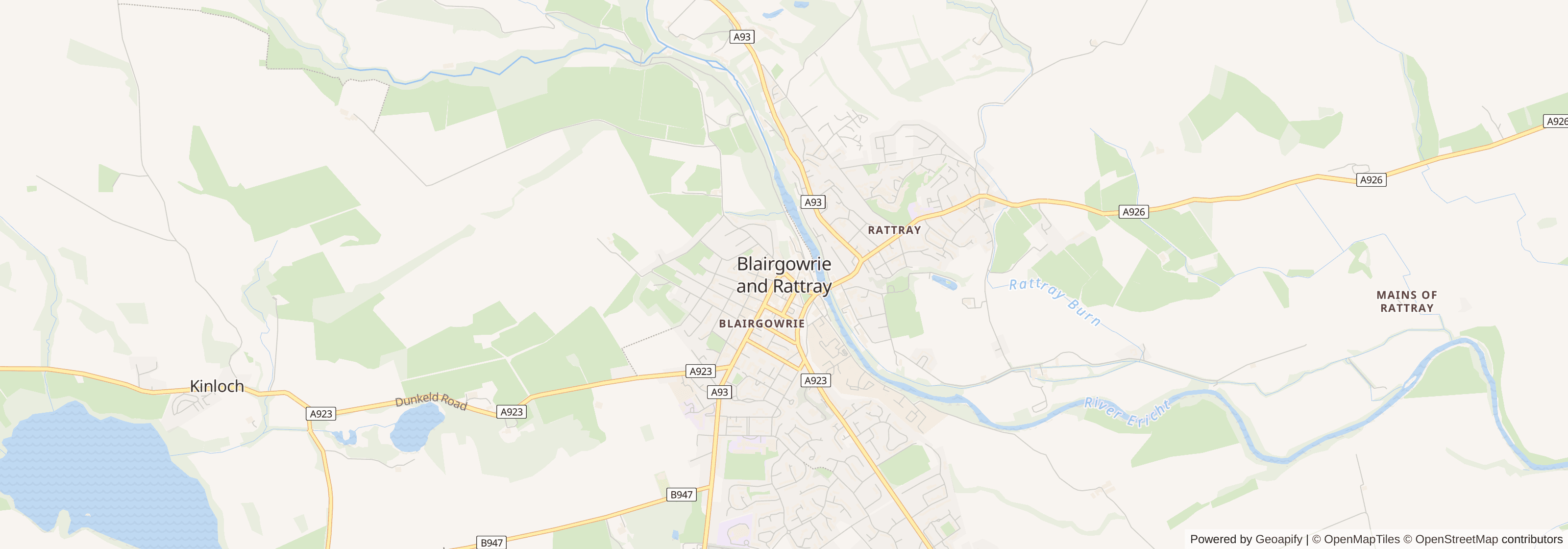 Street map of Blairgowrie, Perth and Kinross showing main roads and nearby areas