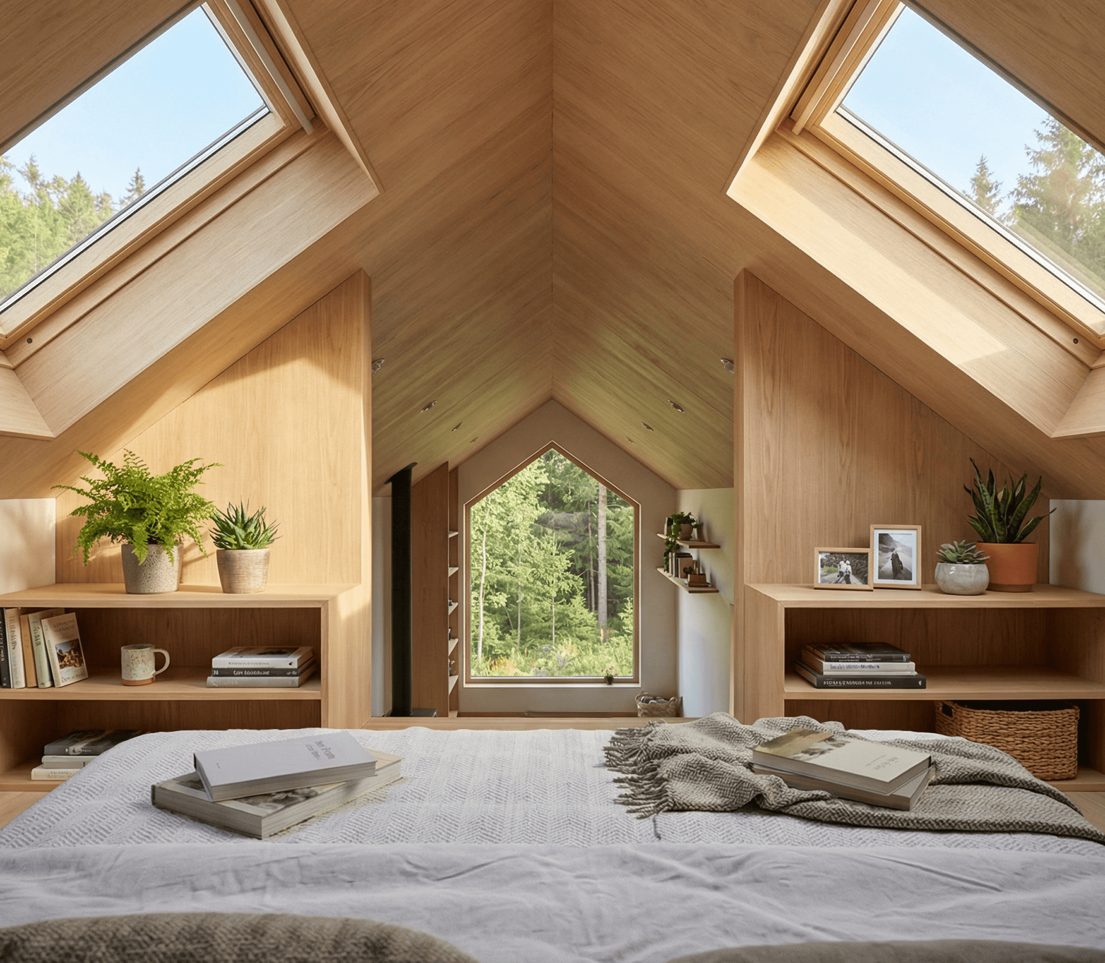 Loft bedroom in a modern cabin design with skylights, built-in shelving, and a view through a gable window, showcasing a bright small cabin plan with loft.