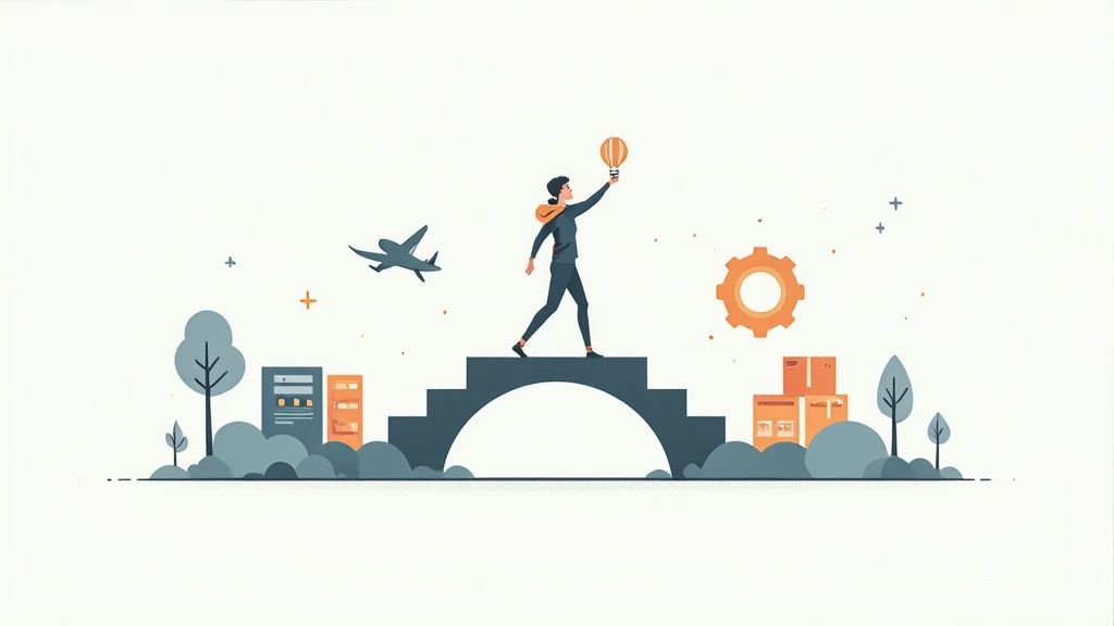 Eine Person geht über eine Brücke in eine neue Stadtlandschaft, symbolisch für einen Neuanfang.