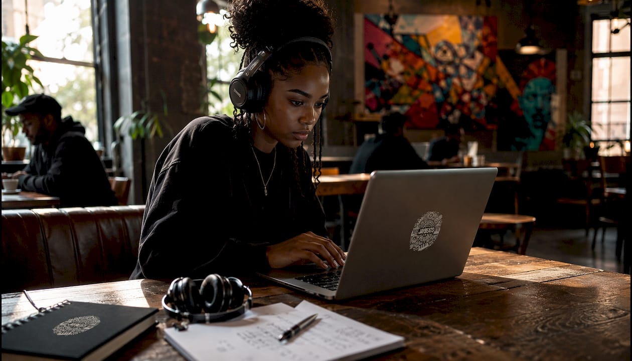 Music producer organizing song files on computer
