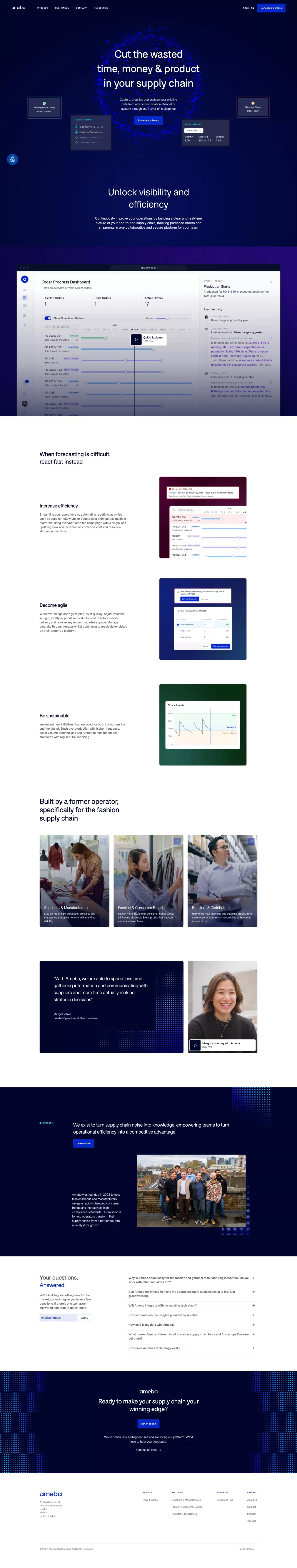 Ameba: Cut the wasted time, money and pr landing page screenshot showcasing AI and Fashion design