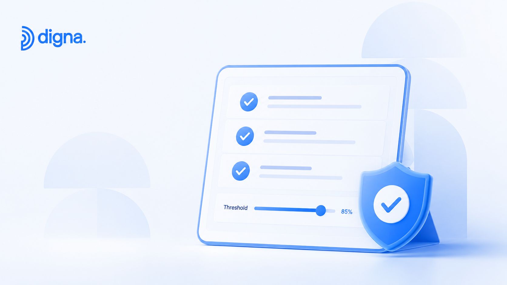 A 3D graphic showing a checklist and a security shield with a threshold slider set at 85 percent.