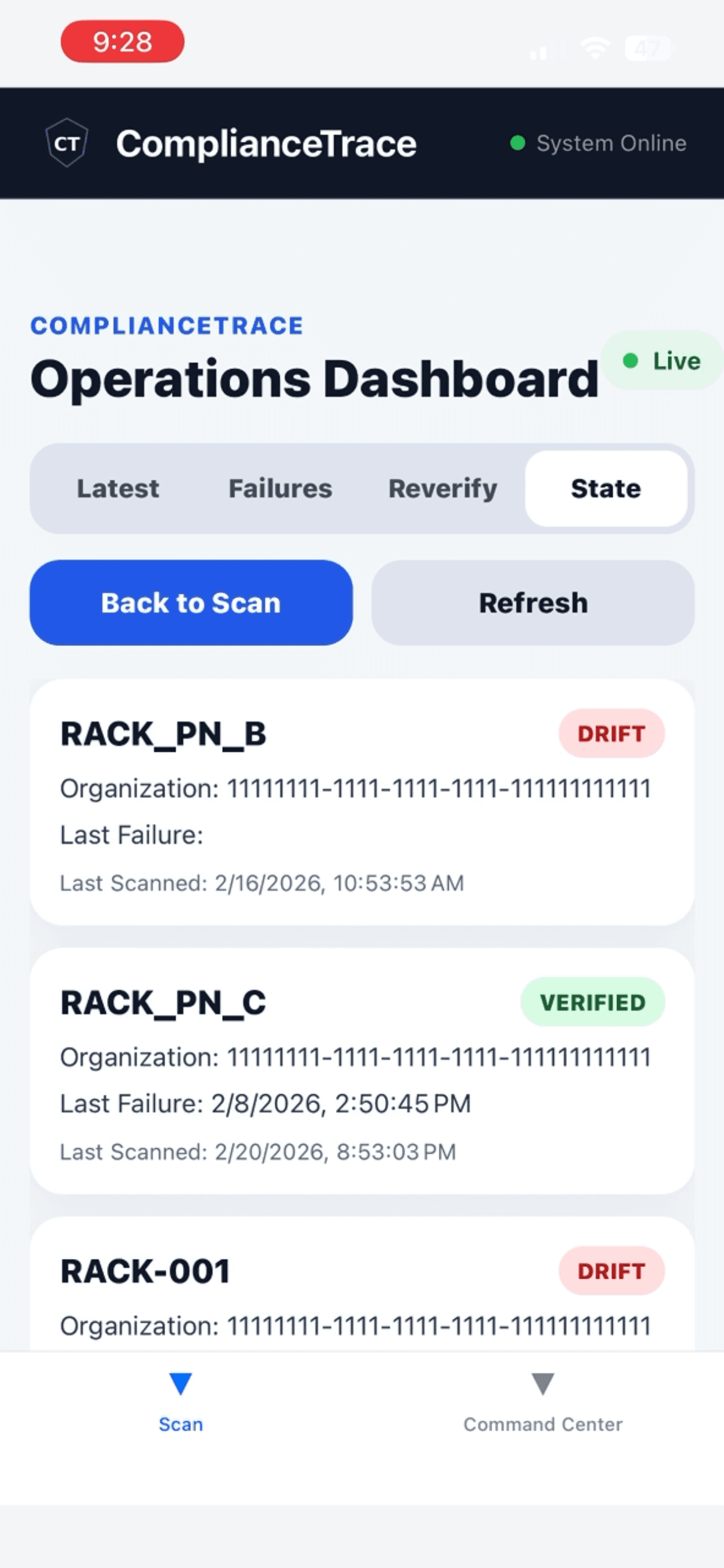 ComplianceTrace dashboard