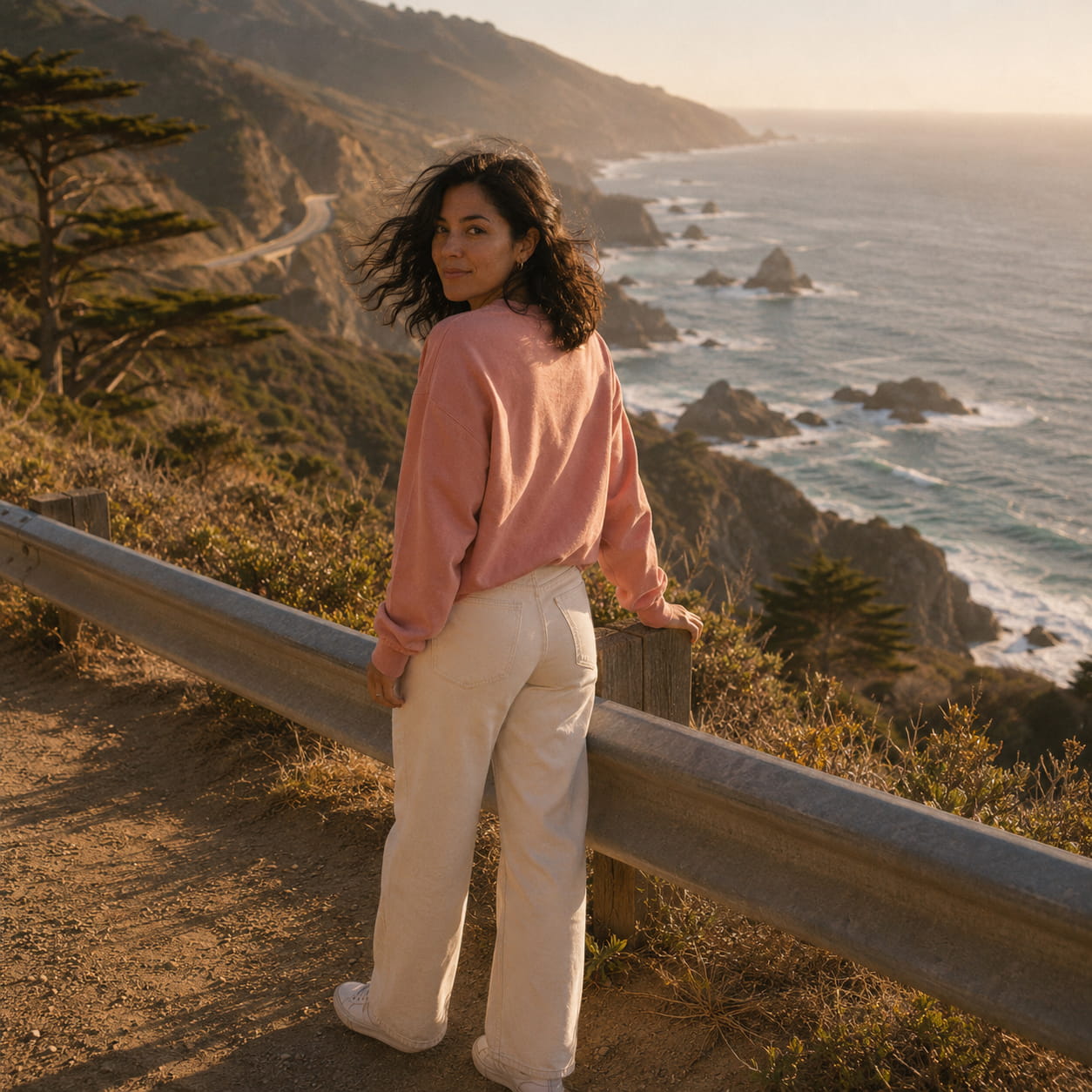 Woman in a pink sweater and white pants stands by a coastal cliff railing, gazing at rocky ocean waves under a warm, golden sunset.